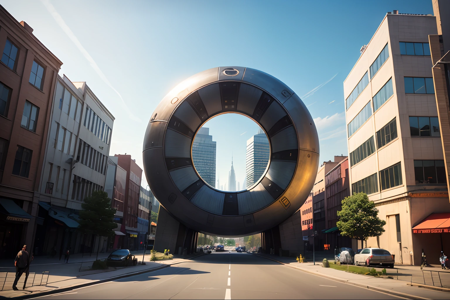 City Landmarks, Stargate, synthetic metal ring, large structure, the other side of the ring is a different world, in the city,