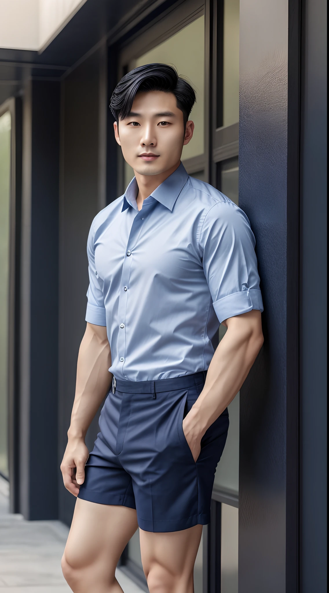 high quality photo | Korean man | 30 years | masculine gender | Korean Nationality | beardless | long straight black haircut | toned body |
navy blue shirt and navy blue shorts set