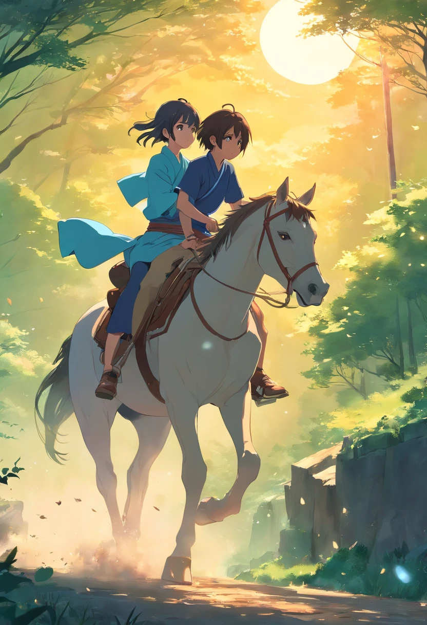 Two people riding on the back of a horse、Anime style、samurais、(japanes)