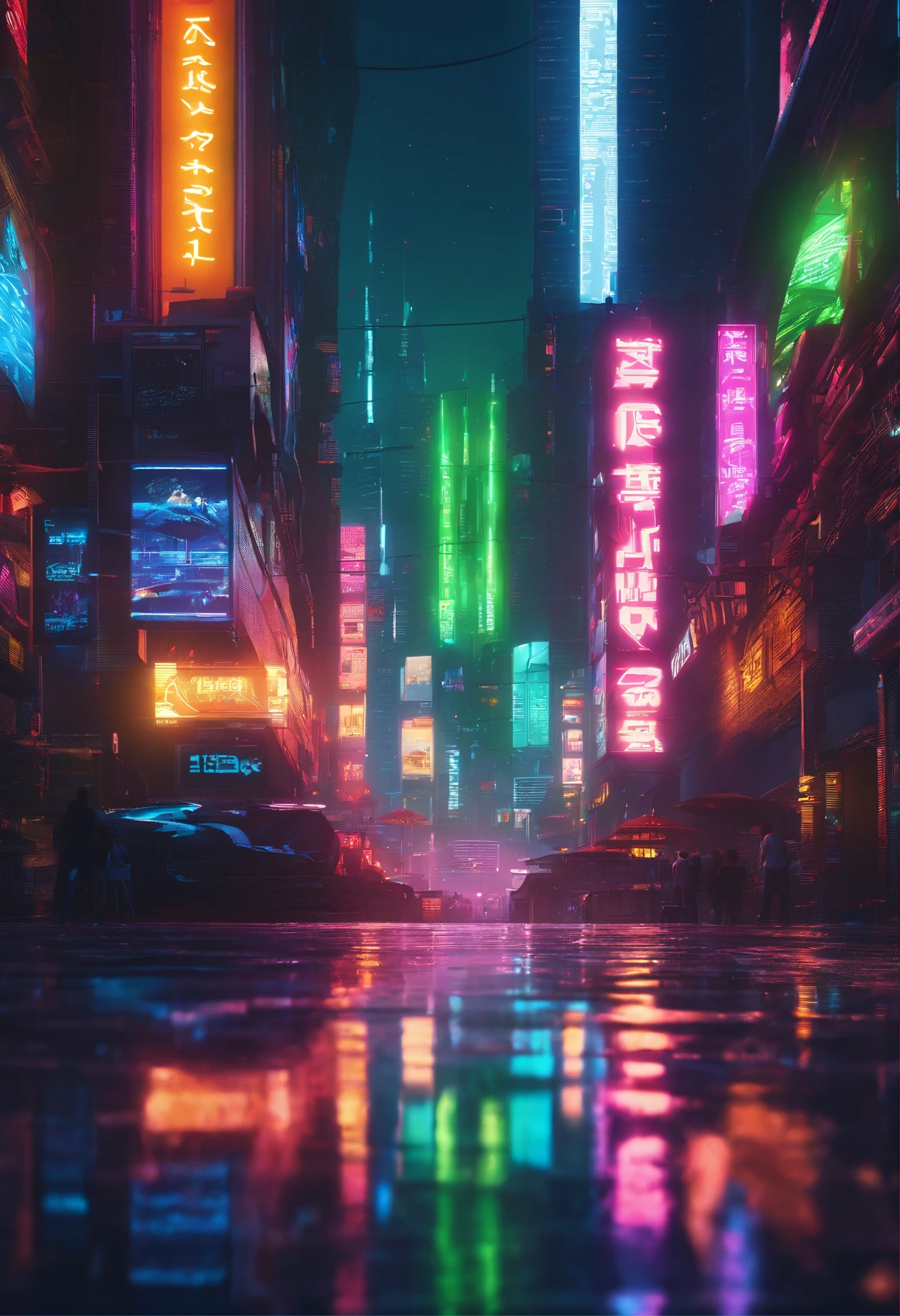 (best quality,4k,8k,highres,masterpiece:1.2),ultra-detailed,realistic:1.37,cyberpunk,dark,night,rain,futuristic city streets,dimly lit,glowing neon lights,glimmering reflections on the ground