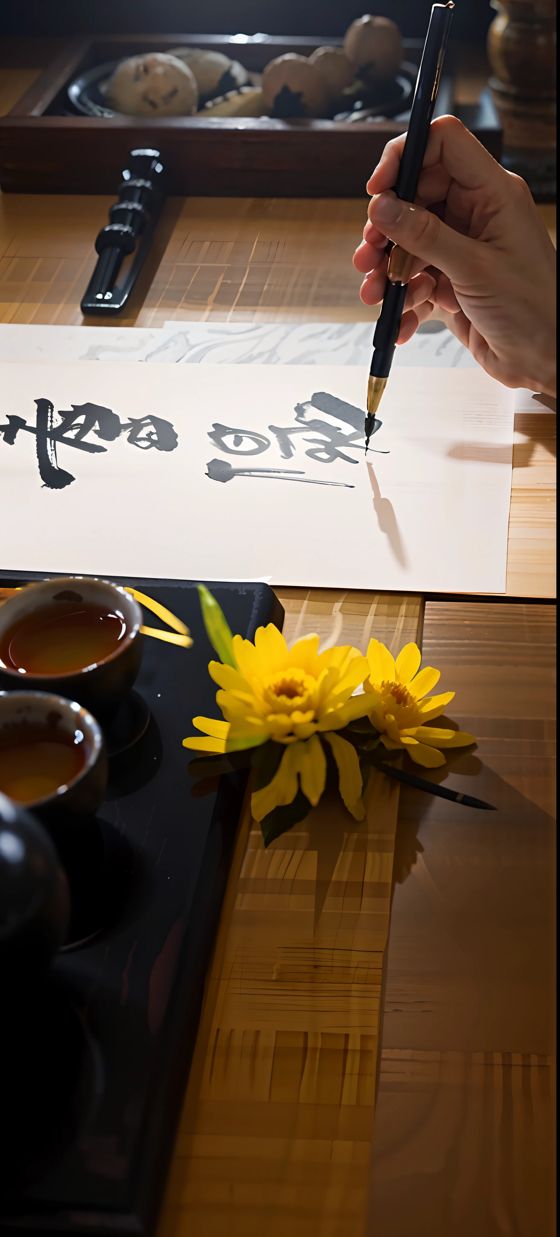 There was an old man writing on a piece of paper with a pen, japanese calligraphy, Calligraphy, chinese calligraphic painting, caligraphy, Traditional Chinese Ink Painting, Traditional Chinese painting, chinese ink brush, chinese brush pen, Chinese ink painting, sumi - e style, Japanese style painting, japanese painting, traditional japanese painting, sumi - e art, Chinese painting style, chinese brush pen illustration，Brewed tea next to it，And a chrysanthemum