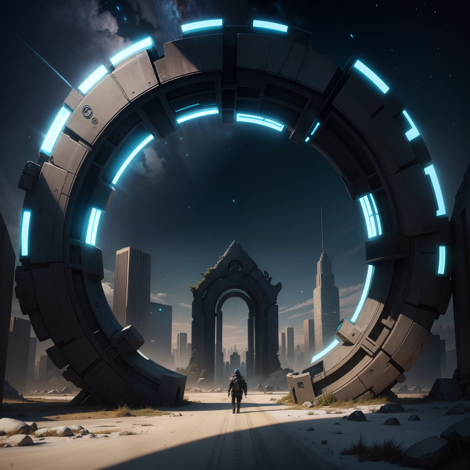 City landmarks, Stargate, synthetic metal ring ruins, --auto