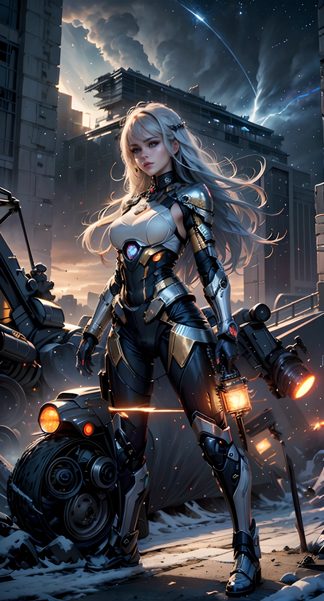 Gradient Color Hair、long fluttering silver hair、long hair flowing with the wind、Breasts are small and B size、A slender、Cleavage is visible。Paws are thin and beautiful,、photoRealstic、Colorful Evangelion-style metal mecha suit、detailed mechanical components、Metal cylinder、Fine parts、Giant robot standing behind、high-heels、Finish as shown in the photo、Eyes are double（A detailed eye）, Beautifully detailed、beautifull detailed face、Grab viewers' eyes with attractive poses、Futuristic battlefield at night、Eyes are on the viewer、The skin is white and transparent beauty、