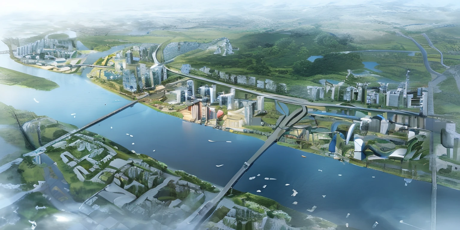 Aerial view of the city with its rivers and bridges, Super detailed, landscape of a future city, City, shenzhen, by Ni Yuanlu, super - detailed, ultra - detailed, Hangzhou, Seoul, guangjian, aerial view of a city, author：Chass is silent, Beautiful city of the future, ultra - detailed!