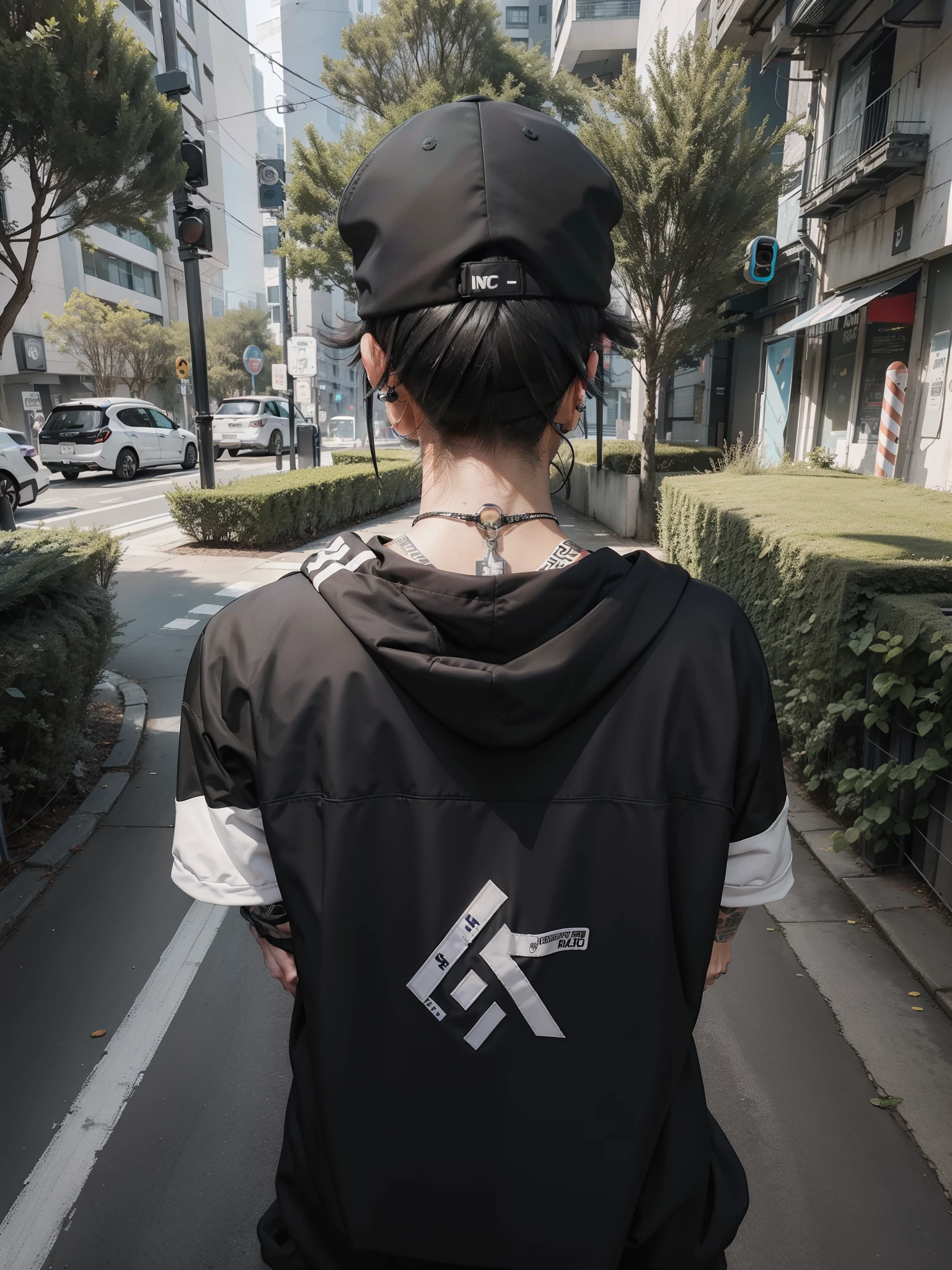 Back POV, boy in black hat and white hoodie, he is wearing streetwear, man in streetwear, photo of man in tech clothes, brunette boy in hoodie, cyberpunk streetwear, portrait of neymar Jr in football, 2 bit tech Clothing man wearing space techwear Neymar Jr from Brazil wearing cyberpunk streetwear street fashion e-boy