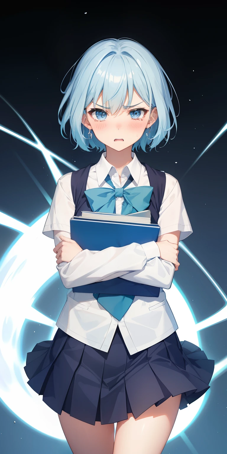 1 woman , short hair, light blue hair, school uniform, skirt, angry, crying, blush, glowing, sidelighting, wallpapers,