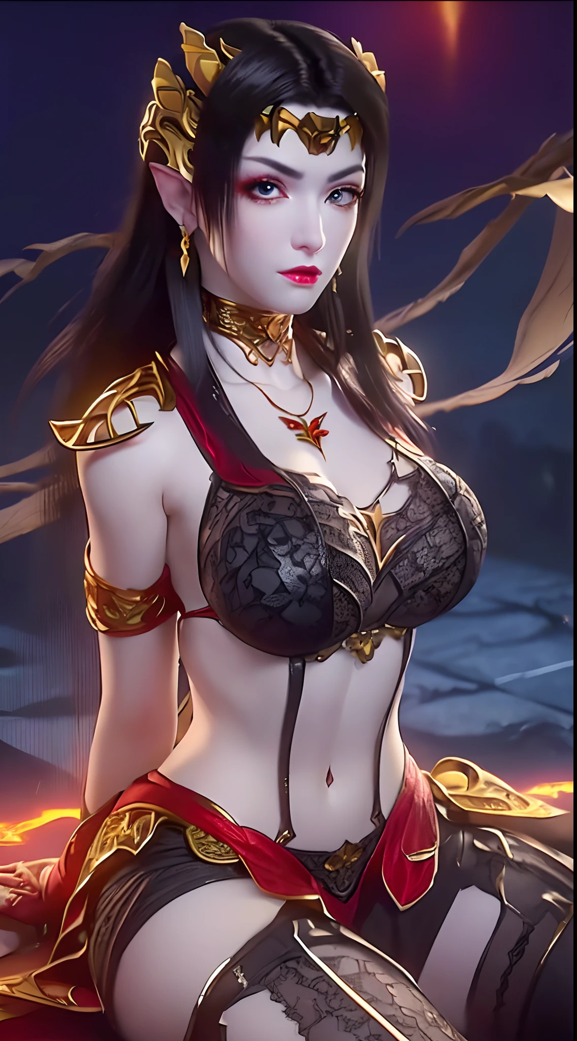 1 beautiful and sexy 20 year old girl, ((wearing a red bikini is very beautiful and sexy:1.8)), ((motifs and rhinestones on the bra:1.7)), ((long black hair:1.6)), jewelry elaborately made from precious stones and beautiful hair, ((wearing a 24k gold lace necklace:1.4))), ((A thin red silk scarf covers half of the face:1.5)), the noble, noble style of an extremely beautiful girl, her small face is super cute, her face is very pretty, thin eyebrows, flawless beautiful face, ((black eye pupils: 0.8)), very beautiful eyes, ((platinum blue eyes: 1.6)), (((big round eyes:1.6))), nice makeup and hair detailed eyelashes, steamy eye makeup, high nose, earrings, red lips, ((closed mouth: 1.5)) beautiful lips, slim hands, most beautiful thighs, ((arms spread out to the sides: 1.5)), rosy face, clean face, flawless beautiful face, smooth white skin, (big breasts: 1.5)), ((high breasts: 1.6)), tight breasts, beautiful cleavage, (((big breasts and super round: 1.8))), ((super tight breasts: 1.7)) , beautiful breasts, perfect body, back arms, chest out, ((sitting position bent over with chest up and arms behind: 1.6)), ((thin black mesh stockings with black lace trim:1.6)), 8k photo, super high quality, super realistic, super 10x pixels, optical, bright studio, bright edges, dual-tone lighting, (high-detail skin:1.2), super 8k, soft lighting, high quality, volumetric lighting, photorealistic, photorealistic high resolution, lighting, best photo, 4k, 8k quality, blur effect, smooth sharp, 10 x pixel, ((night sky and firefliesbackground:1.5)), aurora, lightning, super graphics realistic, most realistic graphics, 1 girl, alone, solo, Extremely sharp image, surreal, (((frontal portrait:1.6)))."