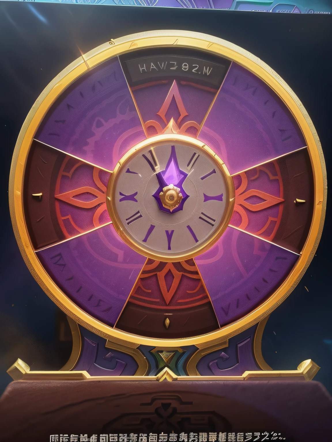 Close-up of clock in purple and yellow design, shield design, fantasy shield, heartstone original art style, 8k hd wallpaperjpeg artifact, 8k hd wallpaperjpeg artifact, hearthstone colour style, purple fire around magic arena, Hearthstone style art, Hearthstone card art, full art, card art, mana flowing around it