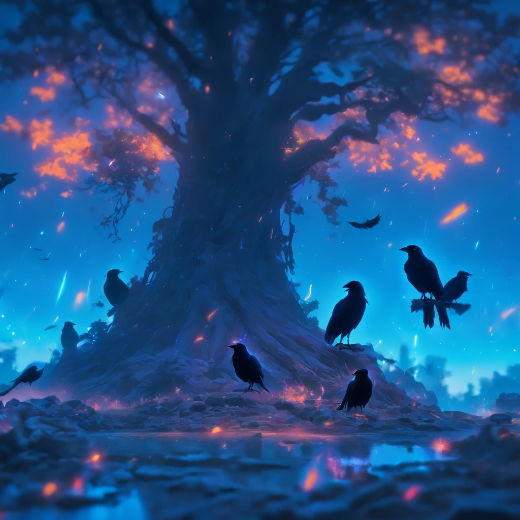 Two crows on a dead tree, A shadow shaped like a walker, Starry night, Thick fog on the ground, Blue light on the horizon, Unreal Engine 5, Cinematic, low angle photography, Motion blur, Depth of field, Dust, Cobblestones and dirt. Splash Art, dripping paint. Perfect color grading. Influenced by Karel Appel and Jeremy Mann, Full of dramatic and threatening scenes, Hyper-detailed, Beautiful, insanely details, Intricate details, editorial photography, shot with a 50mm lens, Depth of field, Tilt Blur, Shutter speed 1/1000, f/22. Lightmaps, Super bright