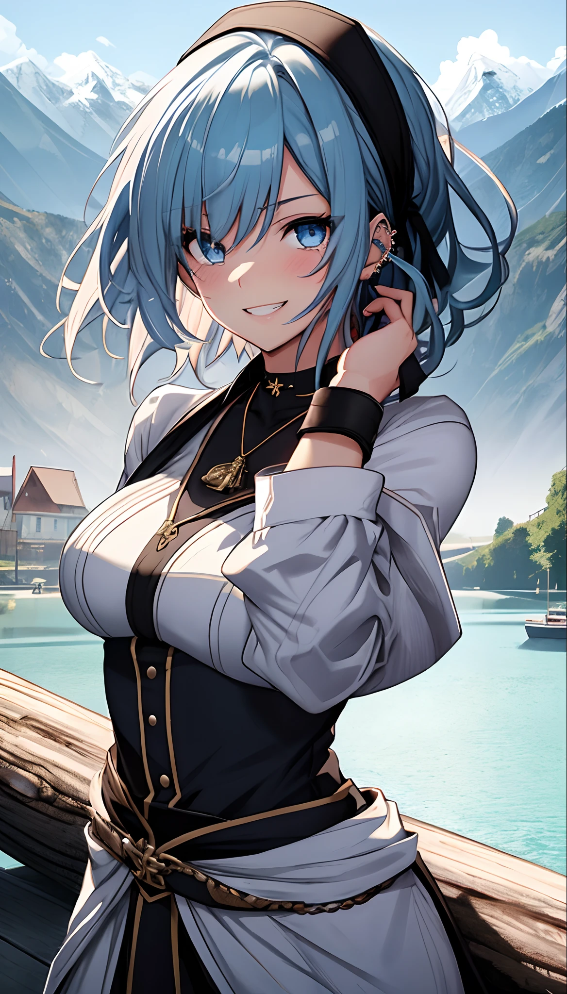 (masterpiece)、(best qualtiy)、(ultra-detailliert)、(illustratio)、(1 girl in)、Paris Collection、Hollywood actress、(interview)、(simple background)、Fine and beautiful blue eyes、Blue hair、Fashion in white and blue tones、Mysterious fashion、Delicate beautiful face、roundly eyes、(a high chroma)、(brilliance)、Focus from the bottom、Half-taken clothes、poneyTail、Weeping hair、short-haired、SHINES、The best lighting、Best Shadows、accessorized、shairband、Give bangs in a headband、arm band、a choker、A bracelet、a necklace、Tattoo on the arm、A distinctive smile with double teeth that grins、Idyllic mountains、You can see a log cabin on the shore of the lake、Backgrounds with depth、canine teeth、swordsmen、Swordsman equipment、red blush、Piercing 1、despise、Angle from below、Equipped with a sword at the waist、Equipped with a sword on the back