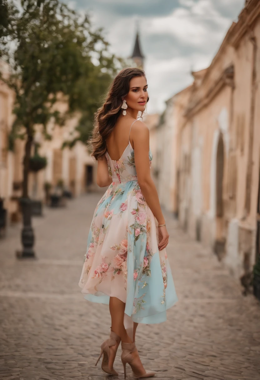 Dress before the knee with a small neckline in pastel colors