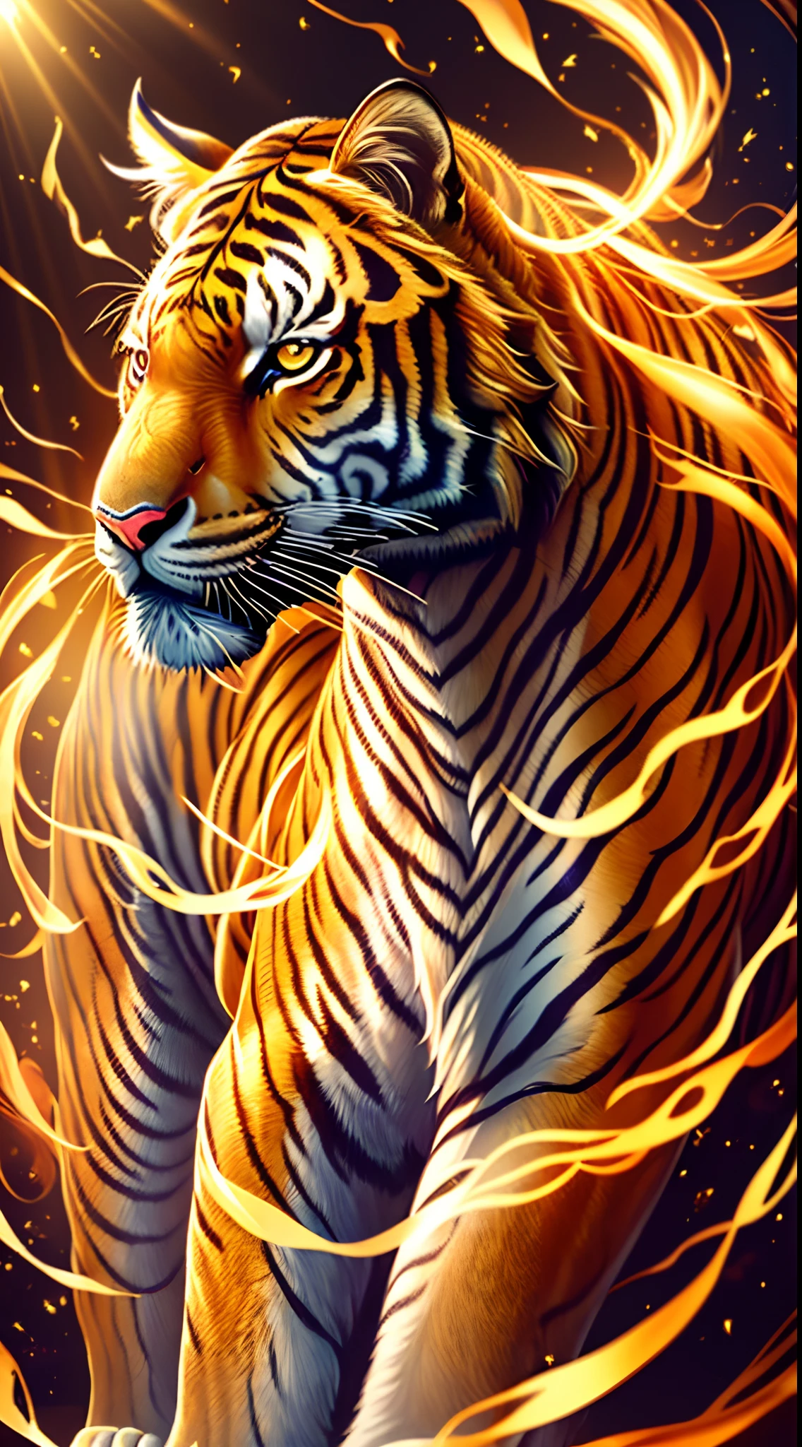 (absurderes、hight resolution、ultra-detailliert、realisitic、)、, which is a symbol of auspiciousness and peace, is also the embodiment of loyalty and chastity, or the embodiment of bravery and wisdom、（Divine Tiger），flustured，(Shining with golden light)，Solo,One person elevation angle，super detailing，best qualtiy，tmasterpiece，Extremely detailed，magnificent artwork，The picture is clear，Golden light on background、 Golden Tiger、One horse、facing front、Bushy coat、Wearing a golden aura around