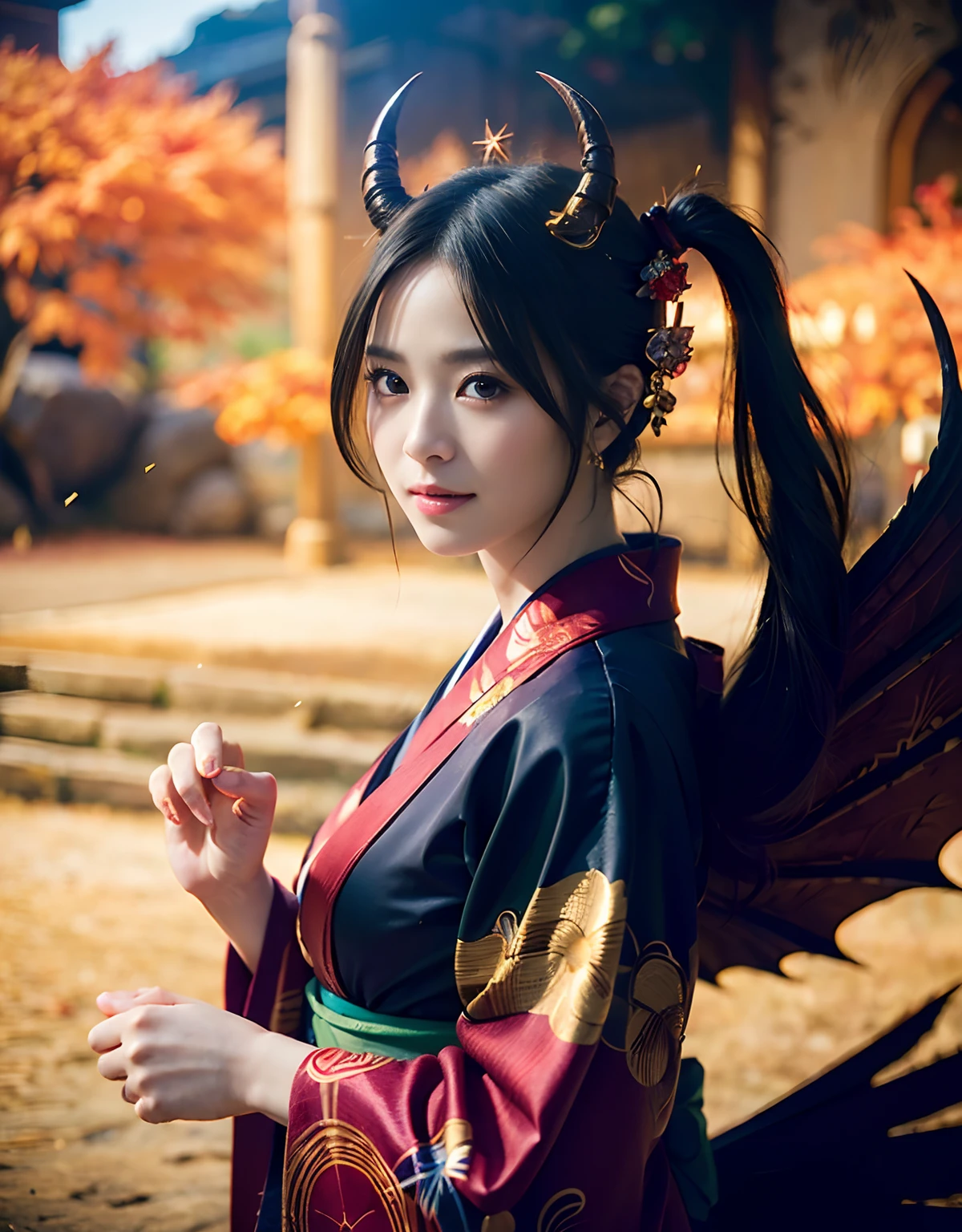 (((masutepiece,))),Professional , ​masterpiece、top-quality、photos realistic , depth of fields 、Raw photo、1a person、glowy skin、（sexypose）、(Black maple on the background of full bloom),（Ultimate Beauty）、A dark-haired、Mystical expression、ultrasharp、（shrine background)、（Kimono with beautiful pattern）、（Midnight background）、Beautiful hair ornament on the head、,(intense fighting）,（（Precipitous cliffs））,(Wear a beautiful kimono),（Wear a colorful and beautiful kimono）、（Japan Castle Background）、Jewel Gold Weapon、Particles of light),(intense fighting）、Gorgeous gold weapons ,Castle background、（（ Gorgeous Dragon Sword）） , （a dark night）,,（maikurobikini） 、（（Black Haired Beautiful Girl））、（Castle background）、（demonic wings）、（（Gangle's forest background））、Beautiful Caucasian beauty、１a person、dynamic ungle,(((Two devil's horns on the head)))、Smaller head、Idle Smile、Thin and beautiful female hands、Mystical expression、Light Effects、intense fighting、Wind-effect、magic circles、With the legendary magic wand、Dragon's tail、Anatomically correct fingers、Full Body Angle、Anatomically correct number of fingers、