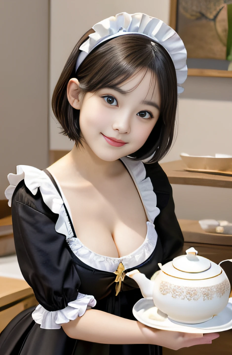 (Surrealism, RAW photo, Nikon, 8k, super detail, masterpiece, high details, intricate details, super detailed, realistic lighting),
(anatomically correct, very accurate human body, highly detailed face, realistic skin, realistic portrayal of characters),
(16 years old, Japanese younger sister, Japanese high school girl, slim waist and busty body, baby face, younger sister girl, affectionate cute, cute girl, surreal girl),
(round face, black hair, short bob cut, see-through bangs, Down-slating eyebrows, troubled eyebrows, lowered eyebrows, Moist eyes, one little earring, light blush),
(Welcome viewers, serve customers, entertain customers),
(Classy smile, lovely smile),
(Pink maid costume, frilly miniskirt, headdress, headrest, long sleeve frilly shirt),
(cafe, restaurant),
Natural lighting, full length, whole body