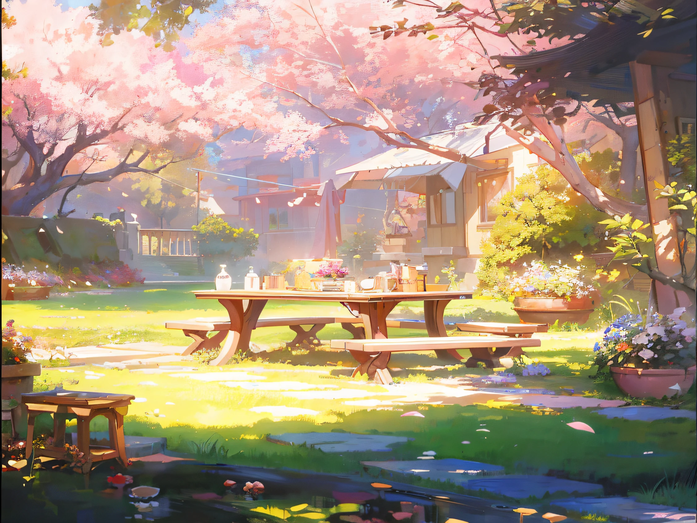 There is a picnic table painting in the garden, Relaxing concept art, cozy cafe background, ross tran. scenery background, Anime background art, beautiful anime scenes, anime beautiful peace scene, beautiful anime scenery, dreamy scenes, Anime landscape concept art, Anime landscapes, 🌺 CGSesociety, anime backgrounds, Dreamy atmosphere, drawn in anime painter studio, colorful anime movie background