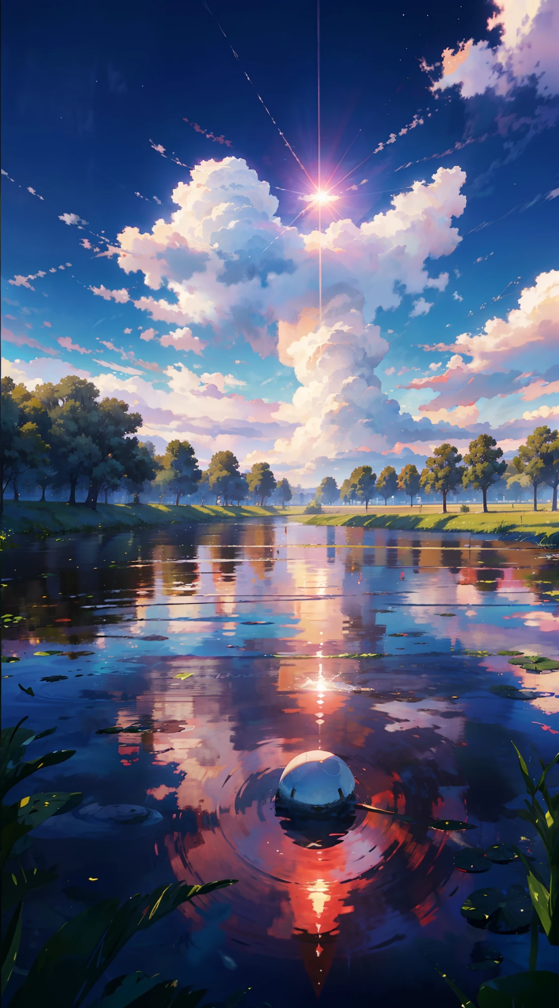 Summer, White Clouds, Runway: 1.2, Tree, Shooting Star, Small Waterhole, Reflection, Shady, Sunlight, Wide Angle, Best Quality, 8K, Perspective, Depth of Field, High Resolution, Fine Detail, Ultra Detail, Sharp Focus