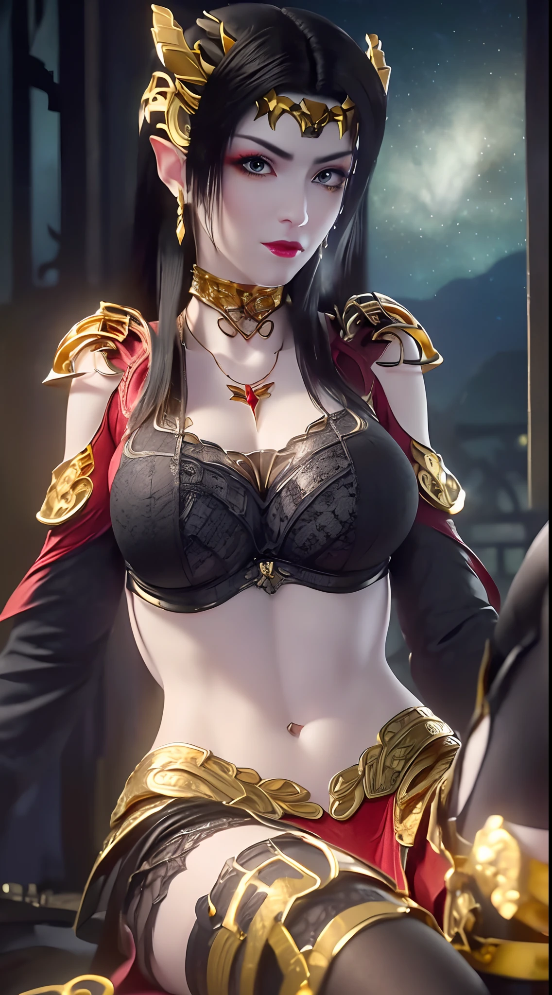 red eyes, pointy ears, long black hair, purple lipstick, makeup, pale skin, anatomically correct, , epic art, fantasy, breasts, breasts, 1girl, purple_hair, very_long_hair, long_hair, hat, purple_eyes, smile, looking_at_viewer, solo, navel, open_mouth, blush, black_headwear, huge_breasts, cosplay, swimsuit, hands_up, bangs, claws pose, nsfw, nsfw art, pubic hair, excessive pubic hair, sweating, muscular female, hollow eyes, facing viewer, open mouth, fangs, upper teeth, purple lips, red eyes, blush, sweating, wet, looking at viewer, 