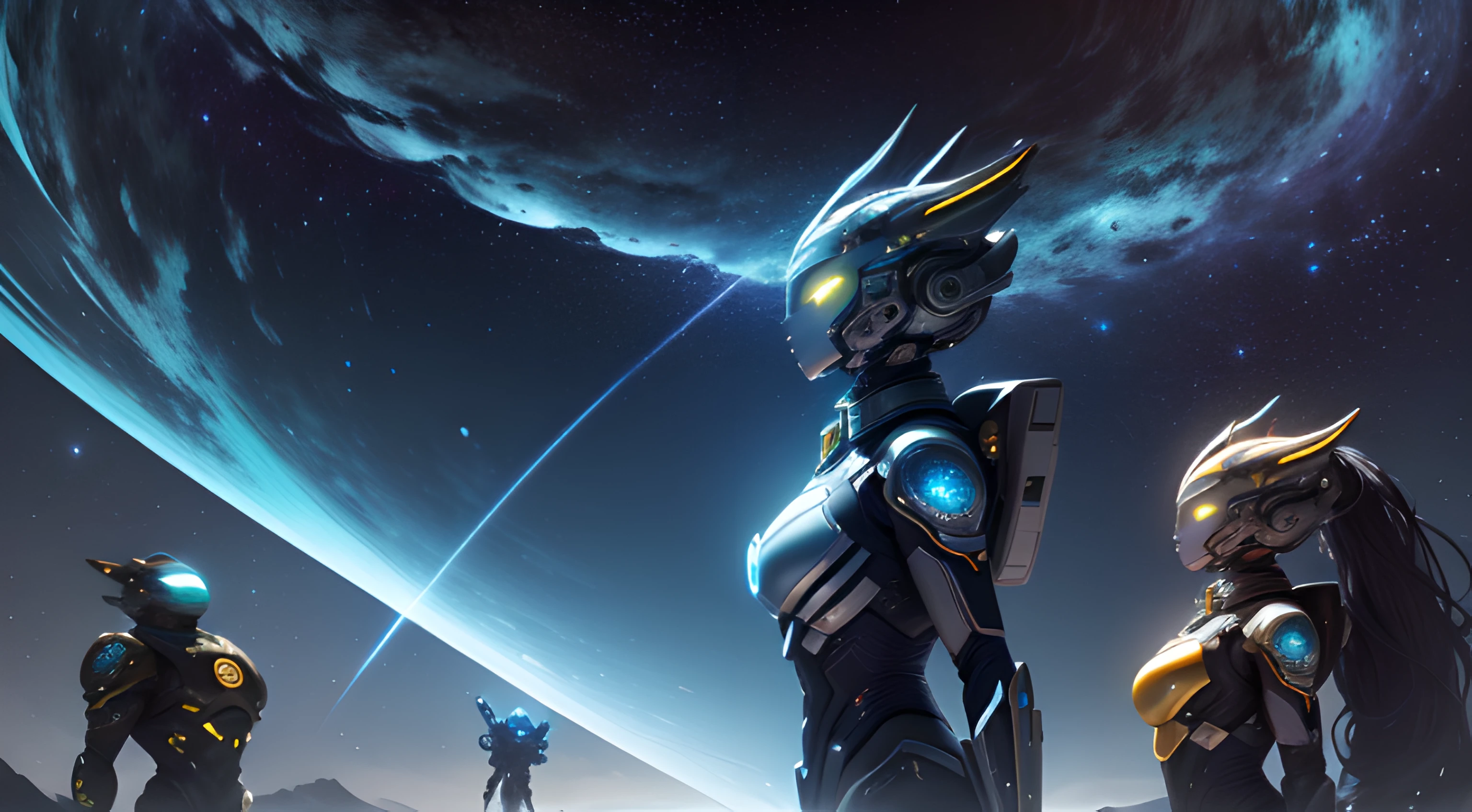 (best quality, highres, ultra-detailed, realistic:1.37), energetic humanoid creatures with strong and vibrant shells, absorbing energy from the electromagnetic and gravitational fields of the universe, youthful and powerful, shiny and sleek shells, intricate patterns and textures, vibrant colors, electric blue and metallic gold, the shells emit a soft glow, indicating their energy absorption, dynamic poses and expressions, representing their active and lively nature, surrounded by a cosmic backdrop, filled with swirling galaxies and nebulae, stars twinkling in the distance, a sense of vastness and wonder, the creatures exude a sense of determination and ambition as they embark on their expedition, ready to explore and conquer new frontiers, an otherworldly and sci-fi atmosphere, futuristic technology integrated into their environment, holographic displays and advanced gear, creating a sense of advanced civilization and progress, powerful propulsion systems and energy manipulation devices, enabling them to navigate and harness the energy of the universe, a sense of adventure and exploration, representing the boundless possibilities and endless potential of the cosmos.