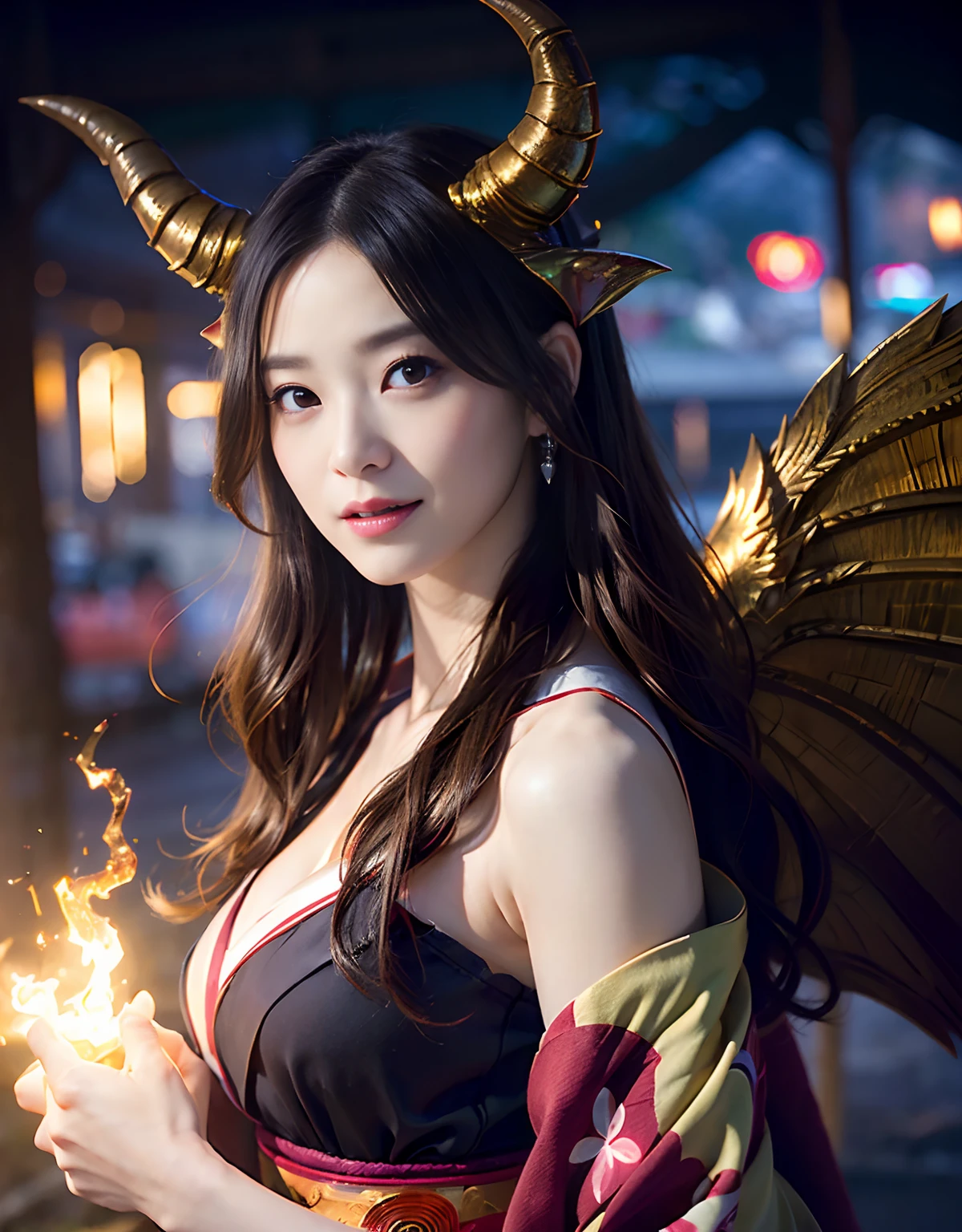 ((World of Darkness)),Professional , ​masterpiece、top-quality、photos realistic , depth of fields 、（Maiko's hairstyle）、(Maple background in full bloom),（Ultimate Beauty）、Red-haired、（Fight ninjas)、（Kimono with beautiful pattern）、（Night background）、（（a dark night））,(Wear a beautiful kimono),（Wear a beautiful kimono with colorful floral patterns）、Jewel Gold Weapon、Particles of light),（Castle background）、Gorgeous gold weapons ,（（ Gorgeous weapon Dragon Sword）） , （a dark night）,,（maikurobikini） 、（（Black Haired Beautiful Girl））、（Castle background）、（demonic wings）、（（Gangle's forest background））、Beautiful Caucasian beauty、１a person、dynamic ungle,(((Two devil's horns on the head)))、Smaller head、Idle Smile、Thin and beautiful female hands、Mystical expression、Light Effects、intense fighting、Wind-effect、magic circles、With the legendary magic wand、Dragon's tail、Anatomically correct body、Anatomically correct fingers、