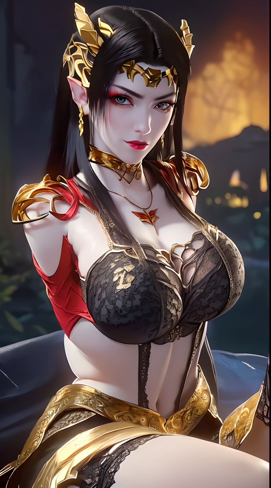 1 beautiful and sexy 20 year old girl, ((wearing a red bra with gold trim:1.8)), ((motifs and rhinestones on the bra:1.7)), ((long black hair:1.6)), jewelry elaborately made from precious stones and beautiful hair, ((wearing a 24k gold lace necklace:1.4))), ((A thin red silk scarf covers half of the face:1.5)), the noble, noble style of an extremely beautiful girl, her small face is super cute, her face is very pretty, thin eyebrows, flawless beautiful face, ((black eye pupils: 0.8)), very beautiful eyes, ((platinum blue eyes: 1.6)), (((big round eyes:1.6))), nice makeup and hair detailed eyelashes, steamy eye makeup, high nose, earrings, red lips, ((closed mouth: 1.5)) beautiful lips, slim hands, most beautiful thighs, ((arms spread out to the sides: 1.5)), rosy face, clean face, flawless beautiful face, smooth white skin, (big breasts: 1.5)), ((high breasts: 1.6)), tight breasts, beautiful cleavage, (((big breasts and super round: 1.8))), ((super tight breasts: 1.7)) , beautiful breasts, perfect body, back arms, chest out, ((sitting position bent over with chest up and arms behind: 1.6)), ((thin black mesh stockings with black lace trim:1.6)), 8k photo, super high quality, super realistic, super 10x pixels, optical, bright studio, bright edges, dual-tone lighting, (high-detail skin:1.2), super 8k, soft lighting, high quality, volumetric lighting, photorealistic, photorealistic high resolution, lighting, best photo, 4k, 8k quality, blur effect, smooth sharp, 10 x pixel, ((night sky and firefliesbackground:1.5)), aurora, lightning, super graphics realistic, most realistic graphics, 1 girl, alone, solo, Extremely sharp image, surreal, (((frontal portrait:1.6)))."