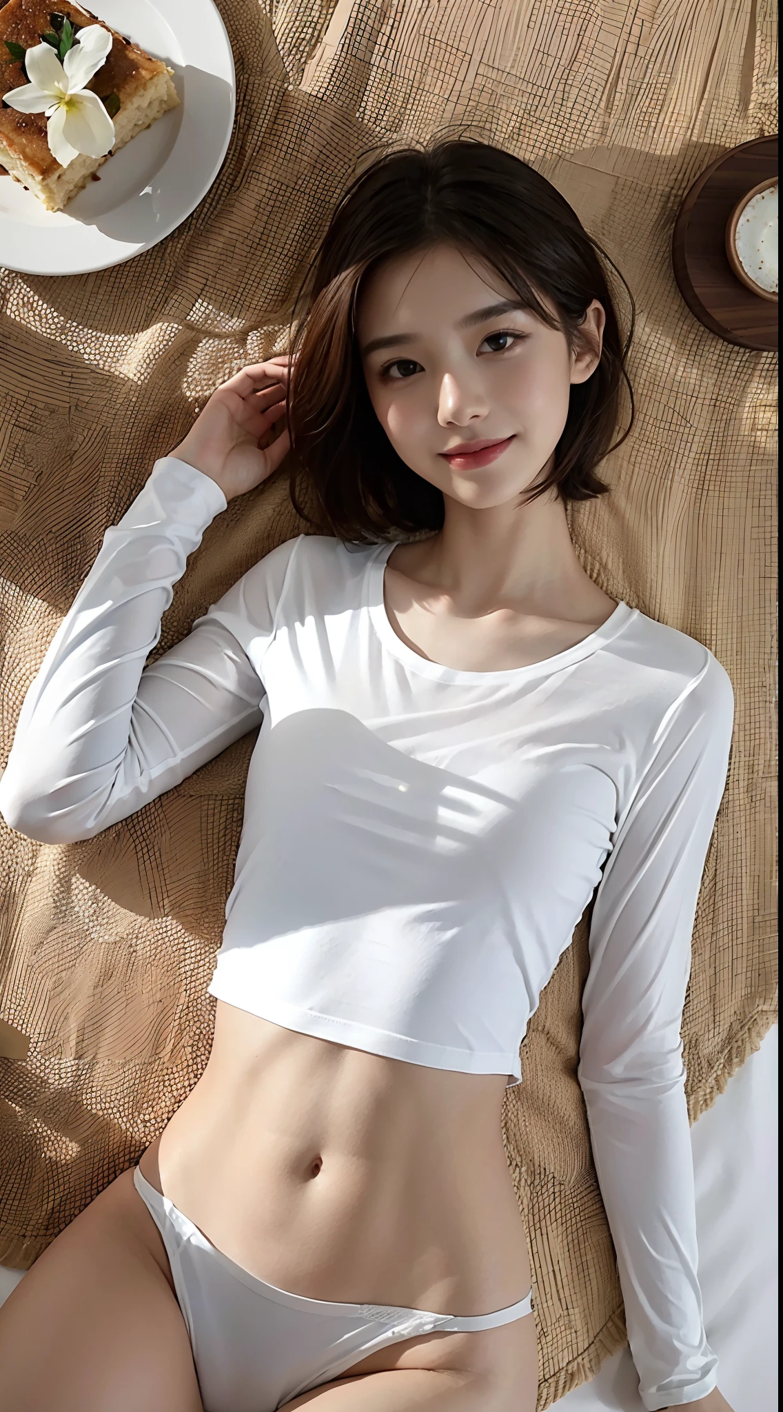 (Small lower chest,Tomboyish,small heads)),  (perfect bodies: 1.1), (short-length straight short hair: 1.2), attractive collarbone，（极其细致的CG 8k壁纸），（Extremely refined and beautiful），（masterpiece），（best qualtiy：1.0），（超高分辨率：1.0），upper body photos，[A high resolution]，cheerfulness，Smile，Smooth and flawless fair skin，ultra - detailed ，Elongated legs，（Small breasts:1.1),Flat chest,Slim，emaciated，No bra,After bath, (White Long Sleeve T-shirt:1.3),(White hollowed out transparent underwear:1.3),At home, in dinning room,Close shot，nightfall，warm light，a dinning table,(Several dishes on the table:1.3),(Lying flat on back on the dining table:1.3),Top down overhead camera perspective,Flower patterned tablecloth