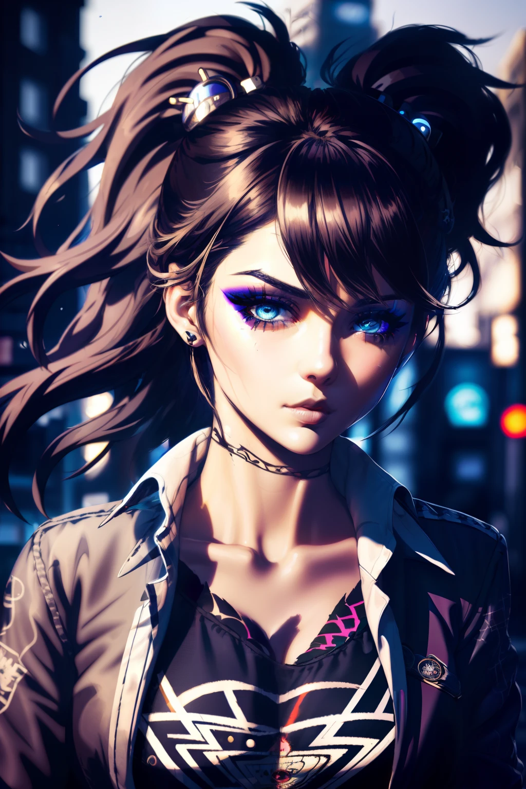 beautiful girl, half body portrait, short bright blue disheveled hair, black eyeshadow, (street style wear:1.2), (city background:1.2), dark makeup, digital art, trending on artstation, highly detailed, fine detail, intricate, beautiful detailed glow, detailed, Cinematic light, highres, detailed facial features,sharp focus, smooth, aesthetic,