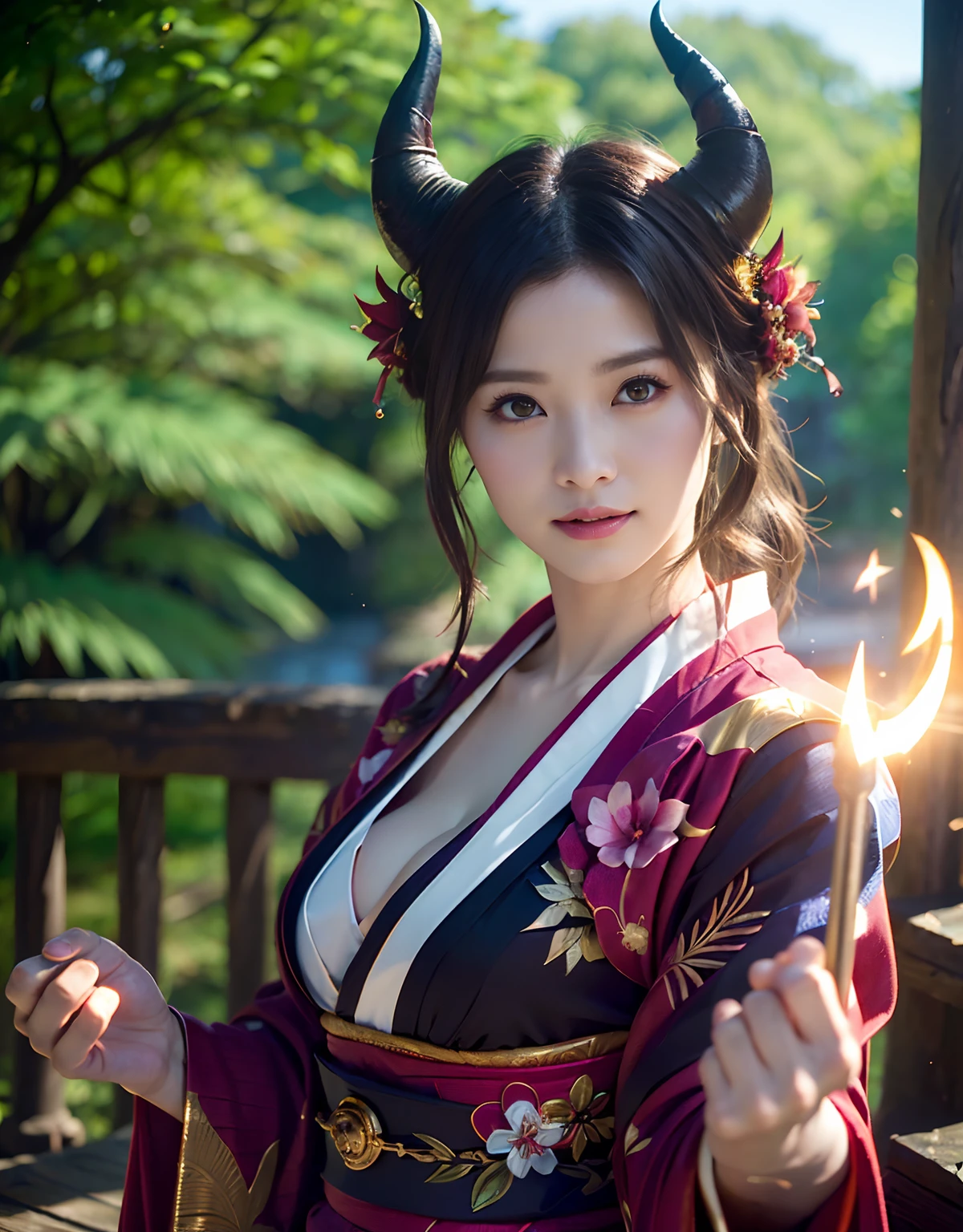 (((masutepiece,))),Professional , ​masterpiece、top-quality、photos realistic , depth of fields 、Raw photo、1a person、glowy skin、（sexypose）、(Red maple on full bloom background),（Ultimate Beauty）、A dark-haired、Mystical expression、ultrasharp、(a temple background),（Red torii gate）、（shrine background)、（Kimono with a beautiful rainbow pattern）、（Night background）、Beautiful hair ornament on the head、,(intense fighting）,（（Precipitous cliffs））,(Wear a beautiful colorful kimono),（Wear a colorful and beautiful kimono）、（Japan Castle Background）、Jewel Gold Weapon、Particles of light),(intense fighting）、Gorgeous gold weapons ,Castle background、（（ Gorgeous Dragon Sword）） , （a dark night）,,（maikurobikini） 、（（Black Haired Beautiful Girl））、（Castle background）、（demonic wings）、（（Gangle's forest background））、Beautiful Caucasian beauty、１a person、dynamic ungle,(((Two devil's horns on the head)))、Smaller head、Idle Smile、Thin and beautiful female hands、Mystical expression、Light Effects、intense fighting、Wind-effect、magic circles、With the legendary magic wand、Dragon's tail、Anatomically correct fingers、Full Body Angle、Anatomically correct number of fingers、Full Body Angle、（cleavage of the breast）、