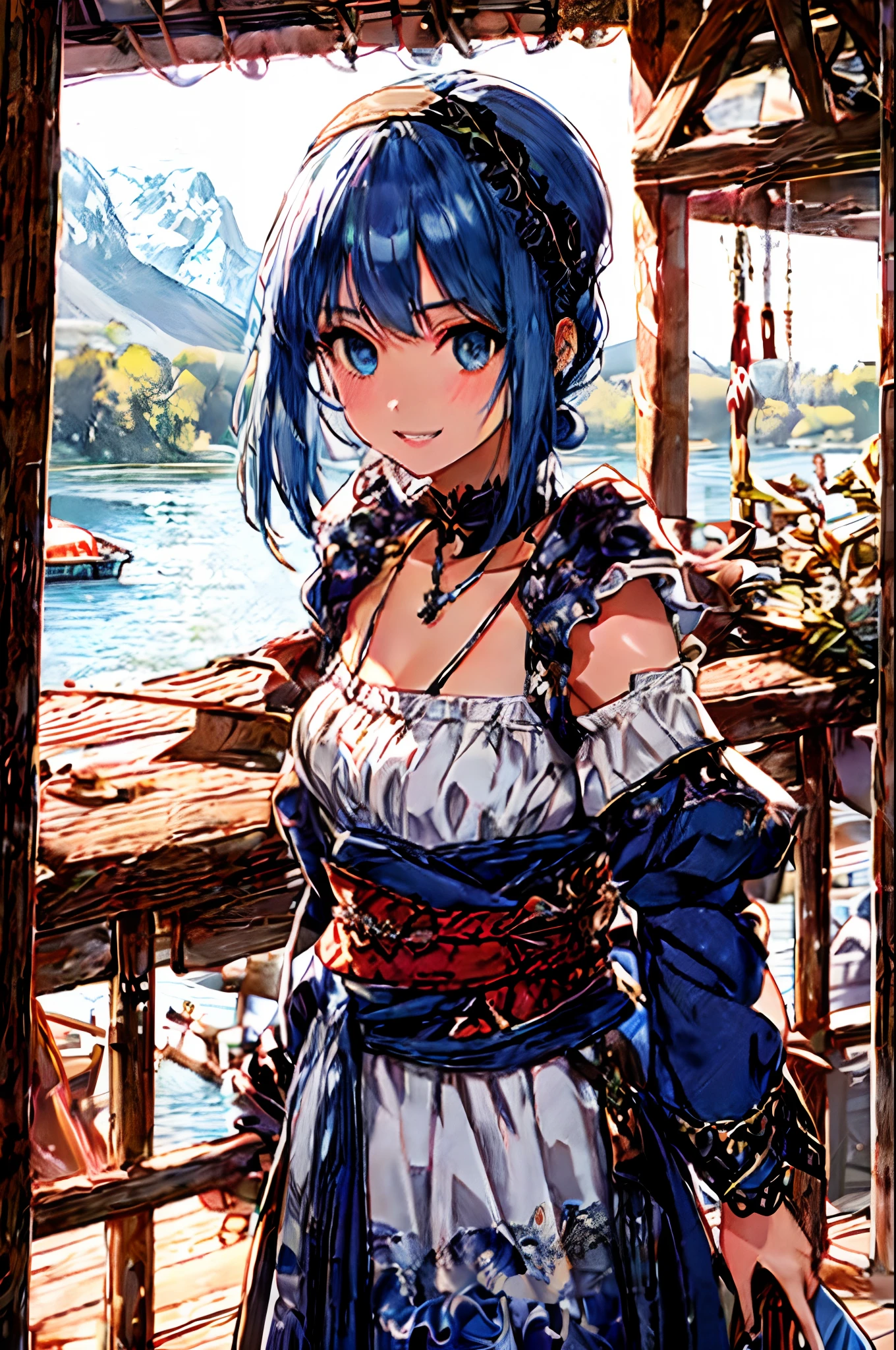 (​masterpiece)、(best qualtiy)、(ultra-detailliert)、(illustratio)、(1 girl in)、Paris Collection、Hollywood actress、(interview)、(simple background)、Fine and beautiful blue eyes、Blue hair、Fashion in white and blue tones、Mysterious fashion、Delicate beautiful face、roundly eyes、(a high chroma)、(brilliance)、Focus from the bottom、Half-taken clothes、poneyTail、Weeping hair、short-haired、SHINES、The best lighting、Best Shadows、accessorized、shairband、Give bangs in a headband、arm band、a choker、A bracelet、a necklace、Tattoo on the arm、A distinctive smile with double teeth that grins、Idyllic mountains、You can see a log cabin on the shore of the lake、Backgrounds with depth、canine teeth、swordsmen、Swordsman equipment、red blush、Piercing 1、despise、Angle from below、Equipped with a sword at the waist、Equipped with a sword on the back