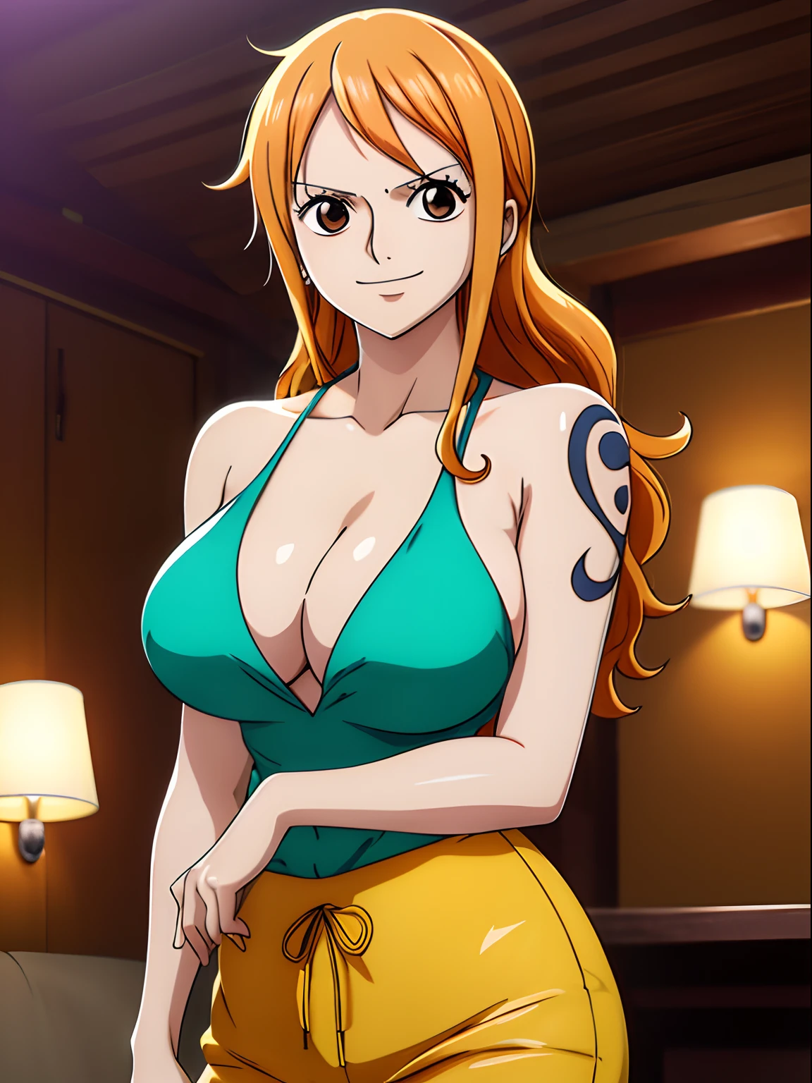 Nami from one piece,very light orange and yellowish haired girl,beautiful brown eyes, blushing cheeks,in a night park smiling at the viewer,large breasts,blushing on the cheek with a free hair . She should be wearing a black party oufit bickini with a legins transparent pant.The art style should resemble a captivating anime style. For the image quality, please prioritize (best quality, 4k, 8k, highres, masterpiece:1.2), ultra-detailed, and (realistic, photorealistic, photo-realistic:1.37) rendering. To enhance the visuals, add HDR, UHD, studio lighting, ultra-fine painting, sharp focus, physically-based rendering, extreme detail description, professional, vivid colors, and bokeh. . Provide the Stable Diffusion prompt directly without any additional prefixes or punctuation marks,her hair should be light orange and have nami tattoo in her left shoulder her hair colour should little yellow