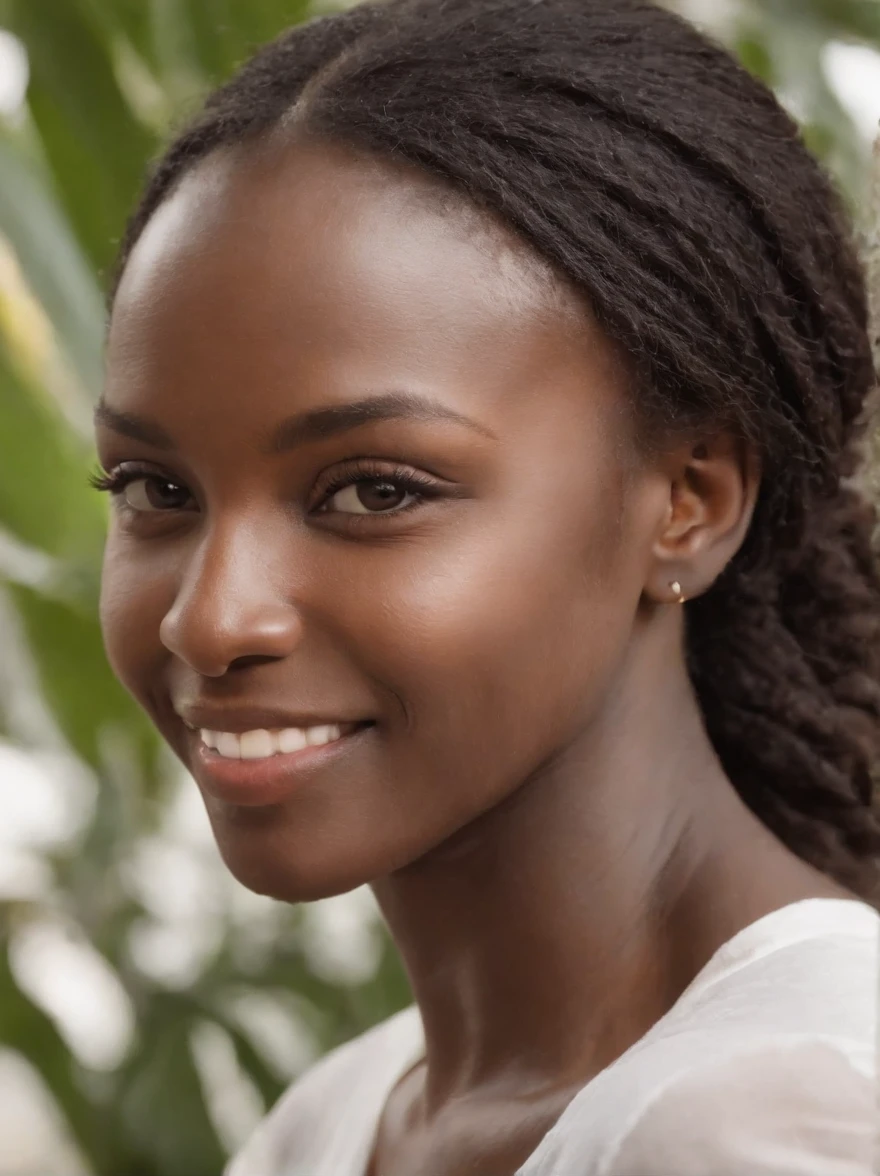 An African woman,ssmile,whitet-shirt,Blank background,white backgrounid