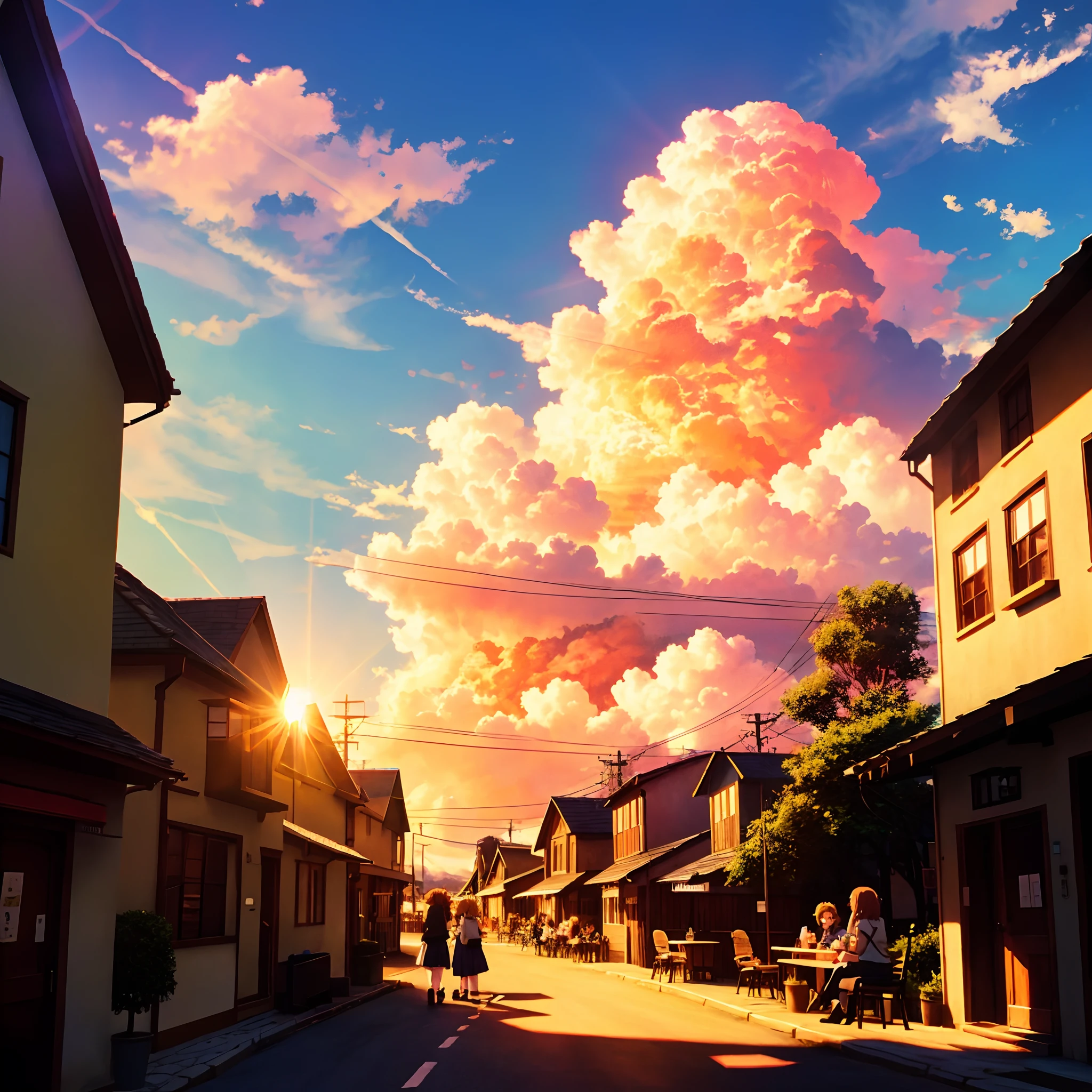 the anime, A scene from a movie, Cat Cafe, village, Sun light, clouds, joying, Girls