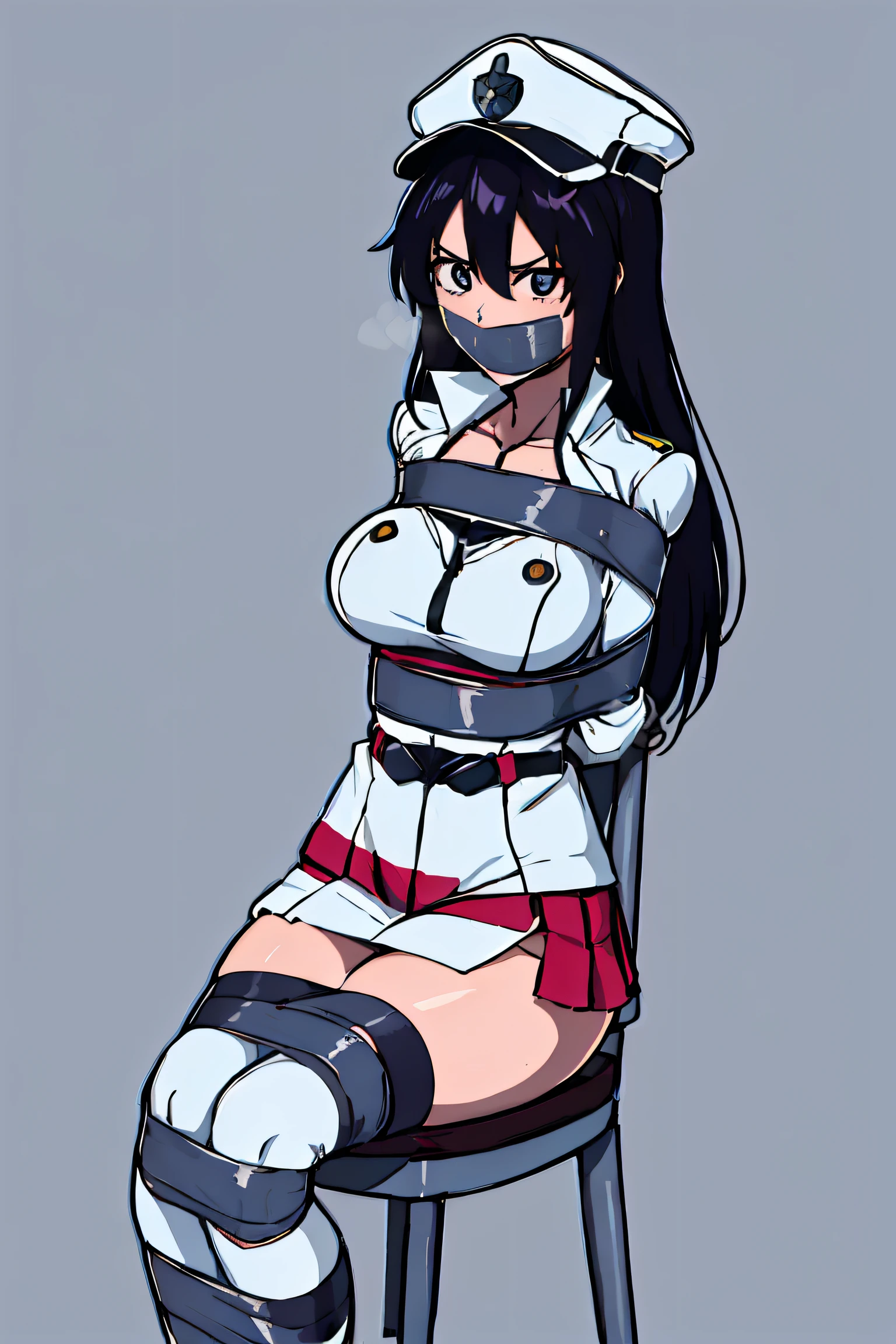 (absurdres, 8k, 4k, masterpiece, hyper extreme detailed:1.2), ((masterpiece,best quality)), absurdres, anime character, girl, female, 1girlwings belt 1girl military form, bound, bondage, (arms behind back:1.4), bdsm, tape gag, tape, tape bondage, close-up, restrained, best anatomy, curled up, full body, standing, taped thighs, taped legs, legs together, sitting, chair, tape wrapped, wrap gag, white attire, bambietta ,anime character girl sexy female highly detailed bleach woman beautiful bambietta, black hair, white outfit, big breasts, cap, hat,