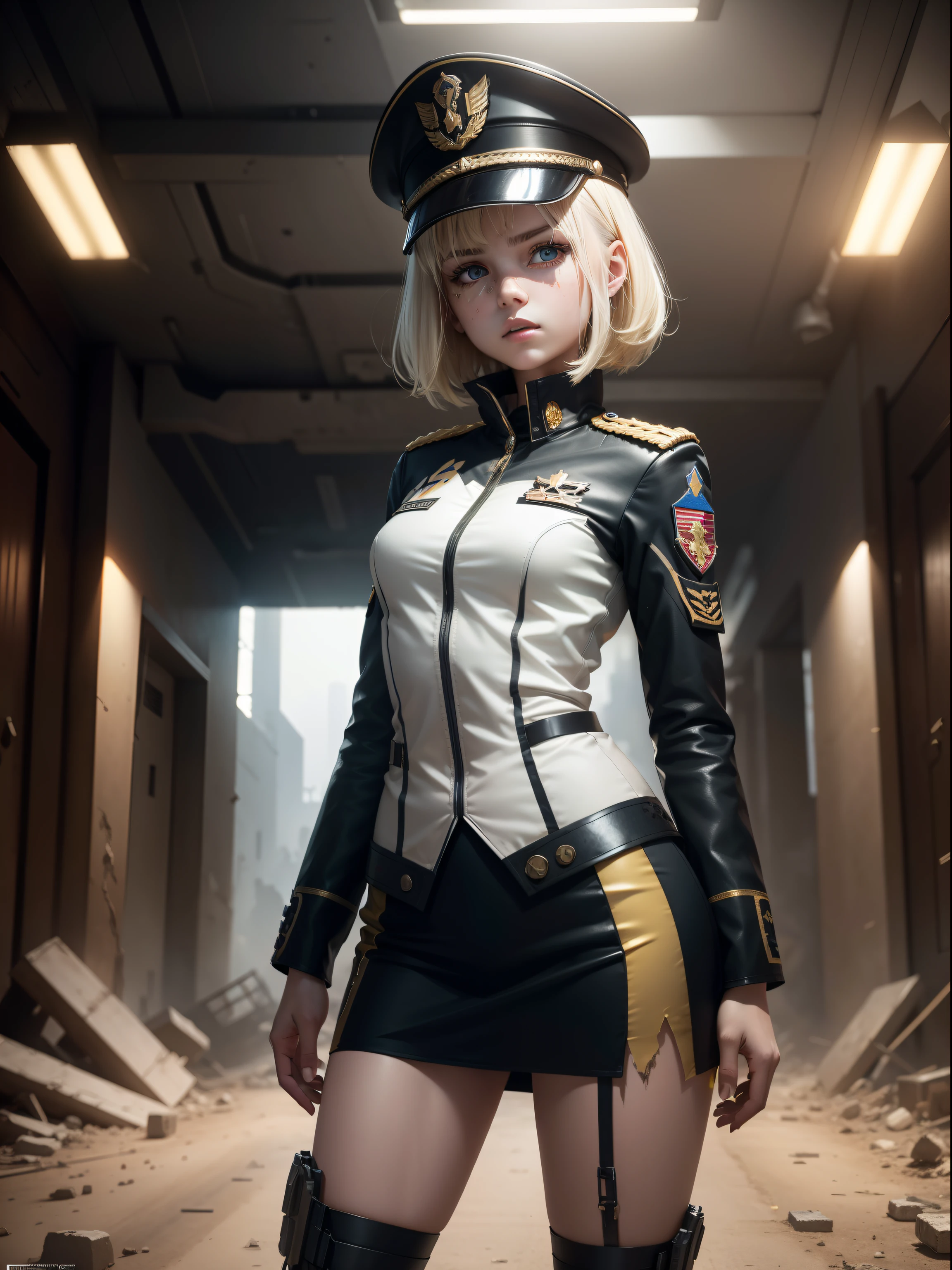 Destroyed towns,3 Ukrainian girls , Ukrainian anime girls , , Ukraine , Full body composition of young girl with messy bright blonde hair, eye make up, 13 year old, Soft lighting, Solo, Old torn dirty shabby futuristic military uniform, badges, Pose, Blotch color, Octane Render, Hyperrealistic intricate detail, Cinematic, 8K resolution, 70mm, Accent Lighting, Global Illumination, Full body portrait, clean detailed faces, a short bob,intricate clothing, Cute face, flat chest, Slim waist, Slim legs, small hips,Caucasian officer's suit,White Officer's Cap,long court,