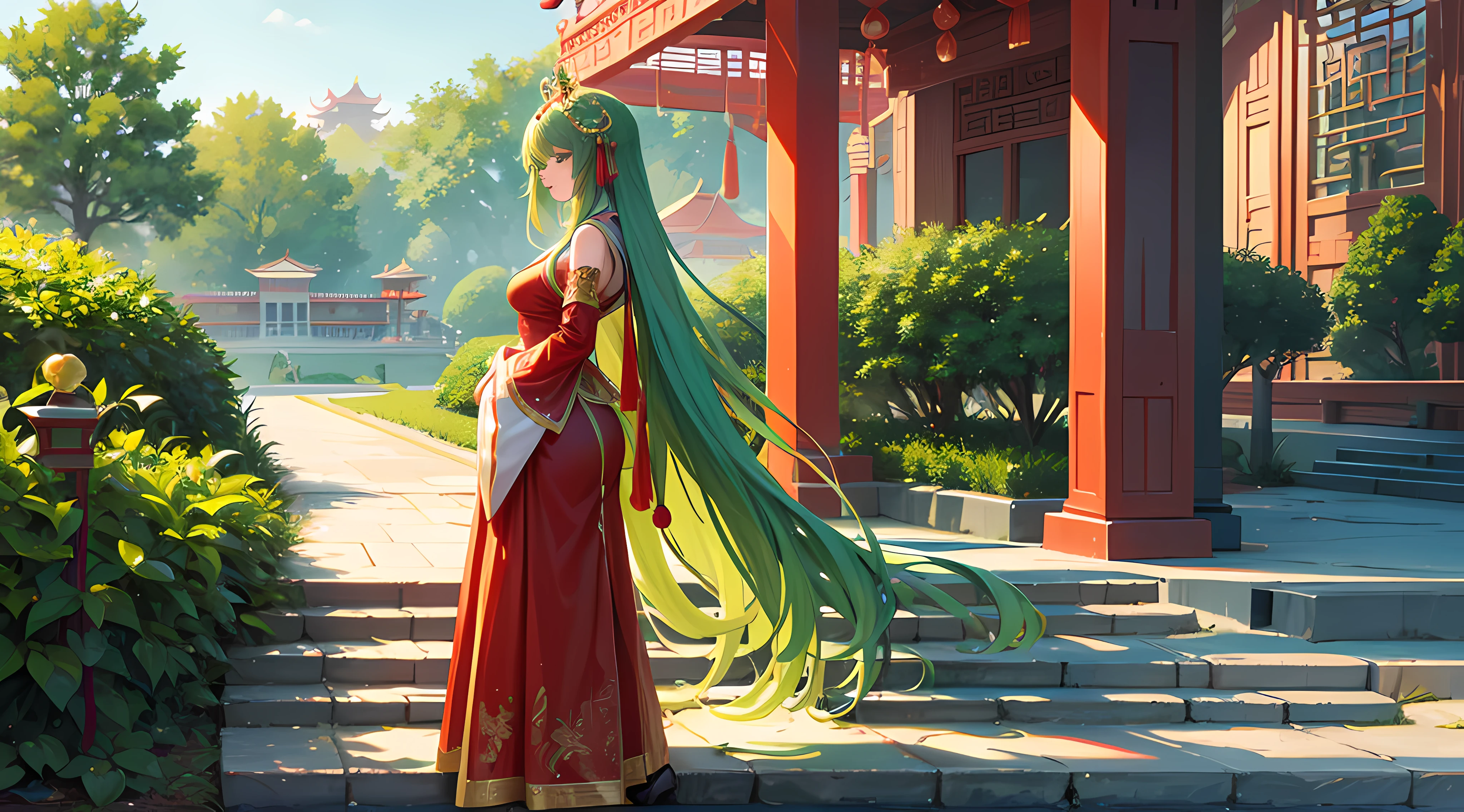 Green girl with long hair,Exquisite palace costume,Fire red dress,Stand in front of the Chinese Heavenly Palace,Look into the distance,