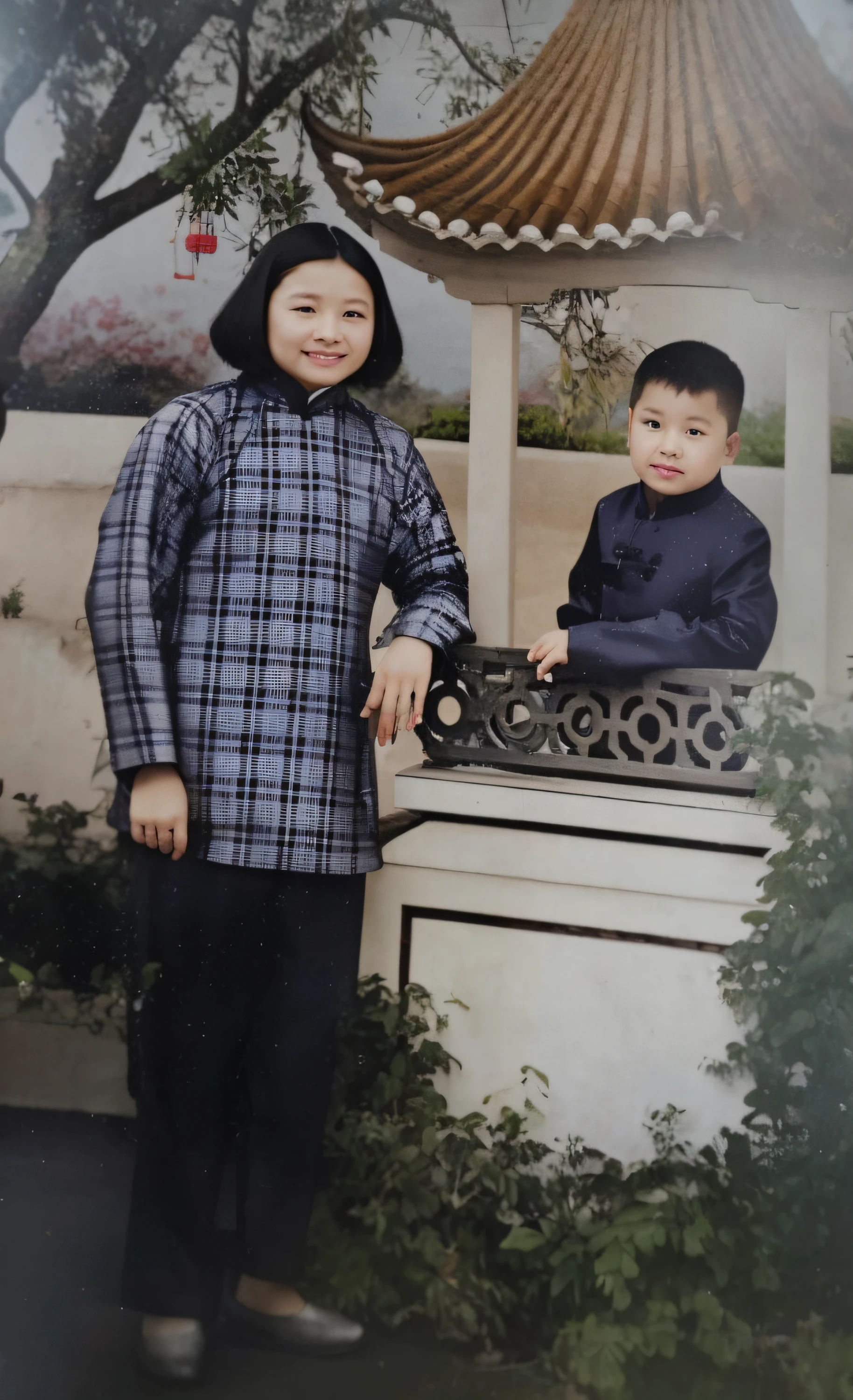 A 40-year-old Chinese woman poses with a young boy，The lady's facial features are straight，Symmetrical facial features，Clear ears，Ultra-clear and realistic facial features，Hand real，Short hair for women，He wears a traditional Chinese costume with plaid stripes，The stripes are clear，Realiy，The texture of the clothes is clear，Ultra-clear texture，Black pantsuit，Black cloth shoes， with short hair，Good facial features，Symmetrical facial features，Clear ears，Wearing black traditional Chinese clothing，There is a Chinese pavilion in the background，There are tiles on the pavilion，There are trees behind the pavilion，Little hill，Camera shooting effect，Light and shadow are natural，Symmetrical clothes，The collar is symmetrical and coordinated，Ultra-clear realistic 8K,Very detailed eyes and face, hugefilesize, Ultra detail, High definition, Very detailed, Best quality, Masterpiece, 8K wallpaper,Background details for foreground objects (Masterpiece: 1.2) (Photorealistic: 1.2) (Bokeh: 1.2) (Best quality) (Color grading) (Detailed skin: 1.3) (complex) (8K) (hdr) (Movie lighting: 1.3) (Sharp focus), Glossy glossy skin, Front-facing Ultra HD, Digital SLR, Soft lighting, High quality, film gram, Fujifilm XT3