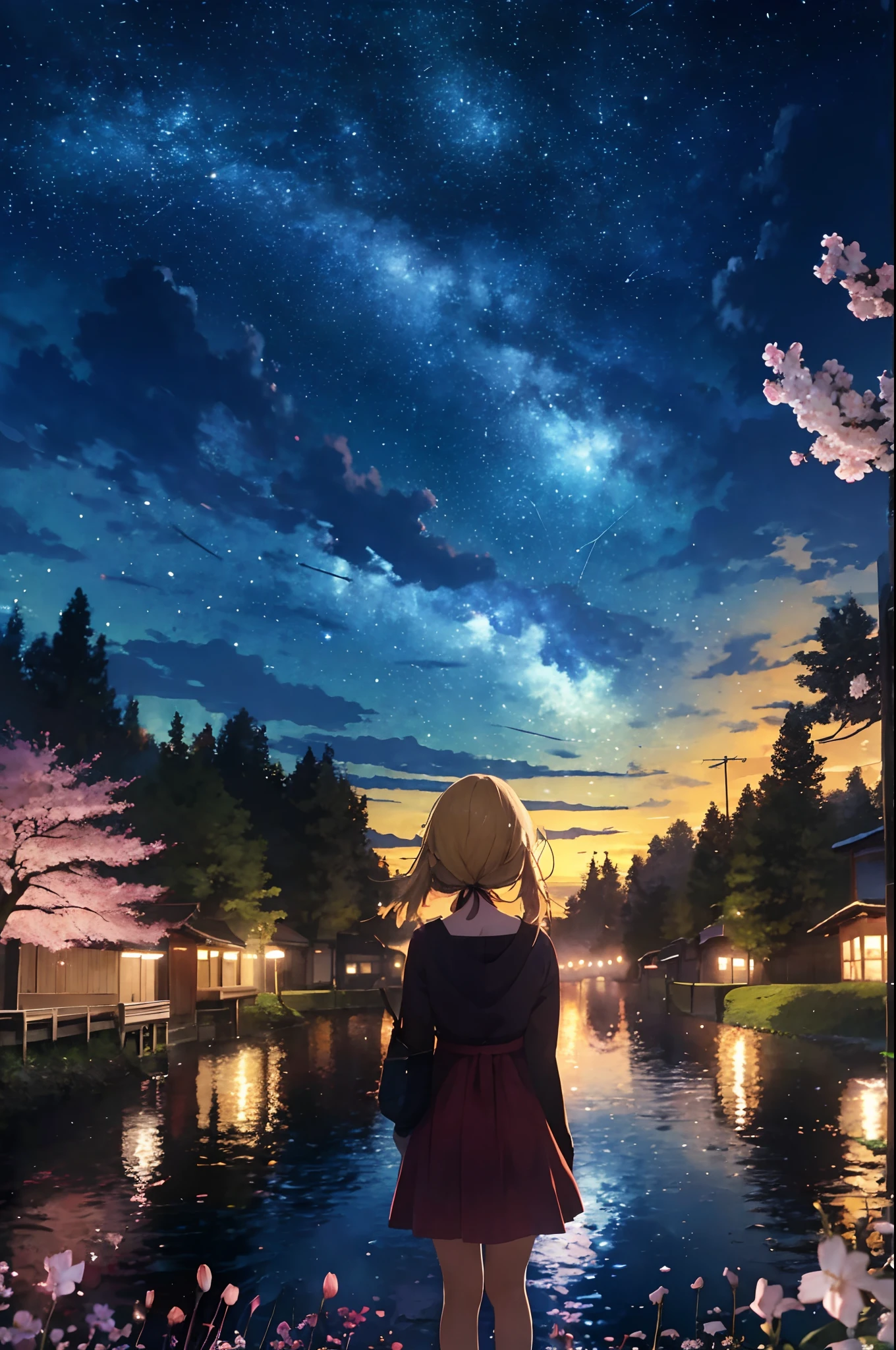 1 persons、Distant blonde hair girl staring at the stars(zoomed out:1.1)、(Meteor swarm:1.2)、(comets:1.1)、yourname、low angles、from the rear、Arrowlaboralis shooting star、doress、Red dress、Cherry blossom trees in full bloom all over々、Highest quality standing in the field、masterpiece、clouds、colourfull、starrysky、stele、