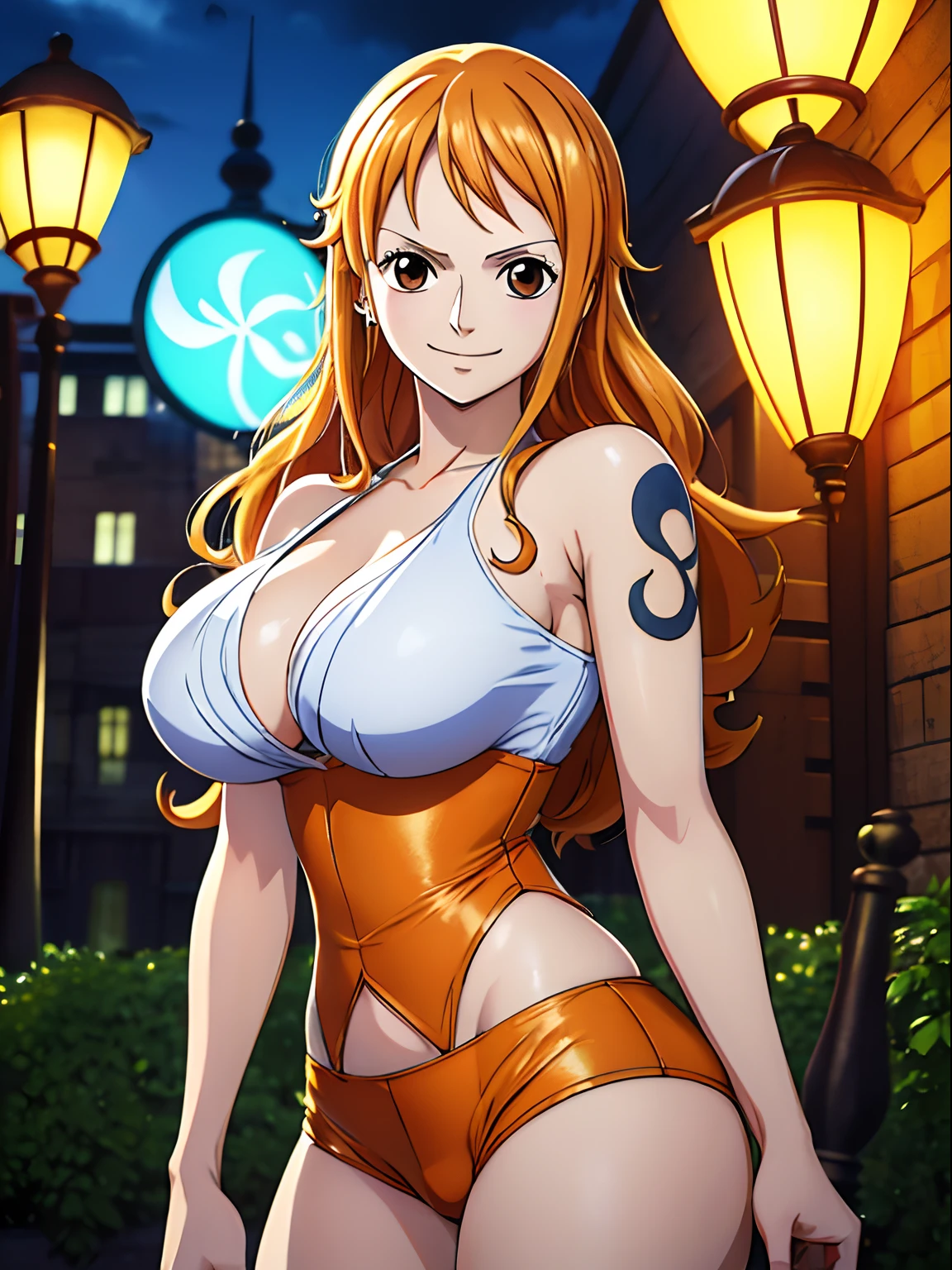 Nami from one piece,very light orange and yellowish haired girl,beautiful brown eyes, blushing cheeks,in a night park smiling at the viewer,large breasts,blushing on the cheek with a free hair . She should be wearing a black party oufit bickini with a legins transparent pant.The art style should resemble a captivating anime style. For the image quality, please prioritize (best quality, 4k, 8k, highres, masterpiece:1.2), ultra-detailed, and (realistic, photorealistic, photo-realistic:1.37) rendering. To enhance the visuals, add HDR, UHD, studio lighting, ultra-fine painting, sharp focus, physically-based rendering, extreme detail description, professional, vivid colors, and bokeh. . Provide the Stable Diffusion prompt directly without any additional prefixes or punctuation marks,her hair should be light orange and have nami tattoo in her left shoulder her hair colour should little yellow