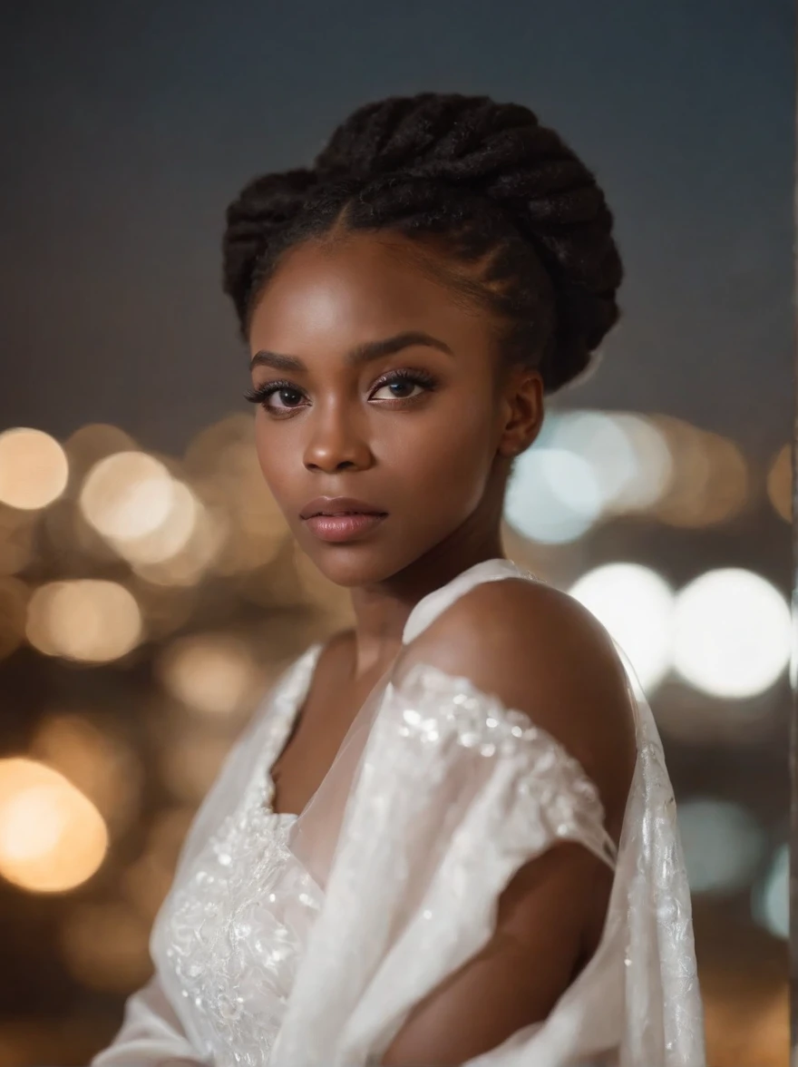 A black girl dressed in white,The background is the city at night