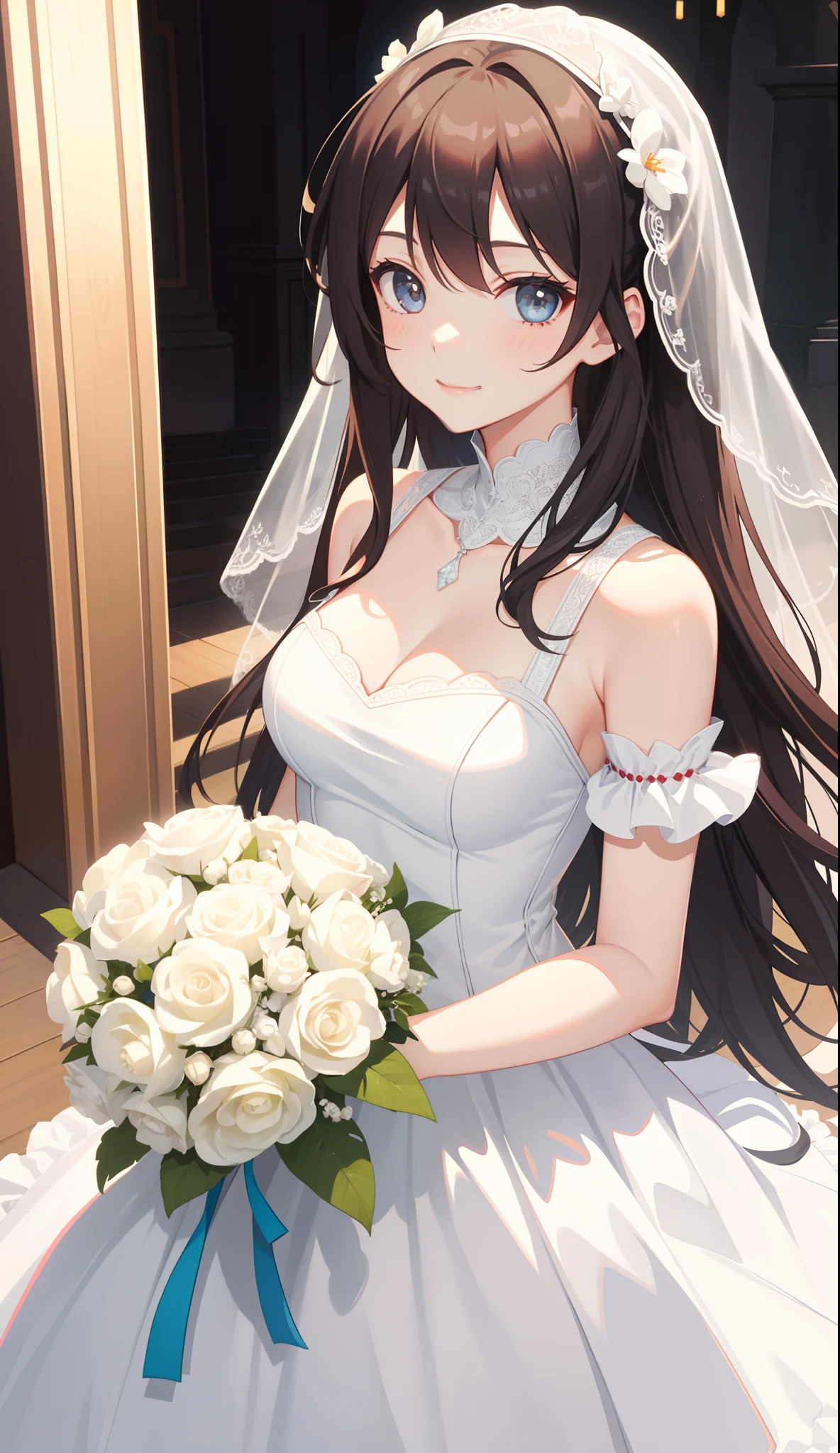 1girl, bride veil, bridal gauntlets, elbow gloves, white thighhighs, outdoors, wedding dress, flower, rose, cowboy shot