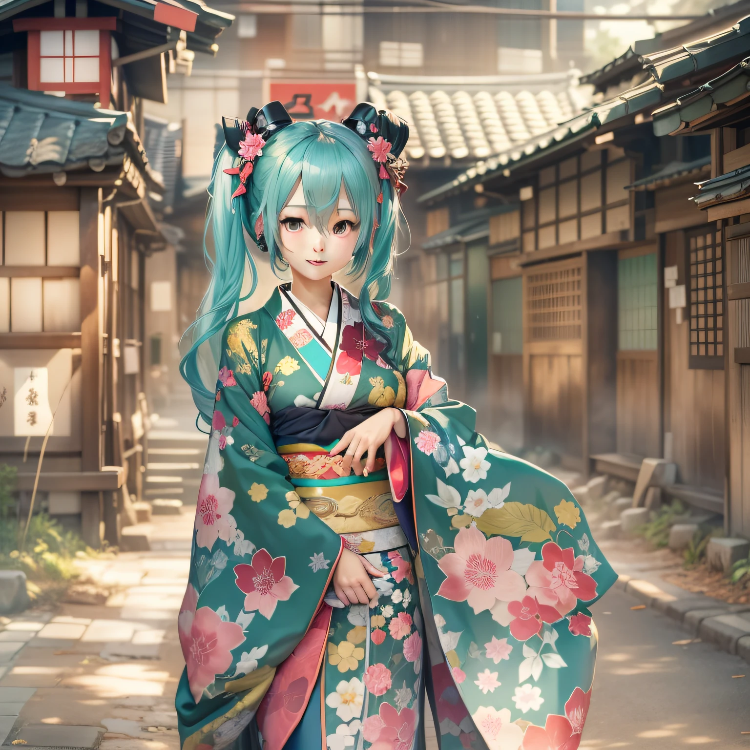 Hatsune Miku wears kimono in old Japanese village