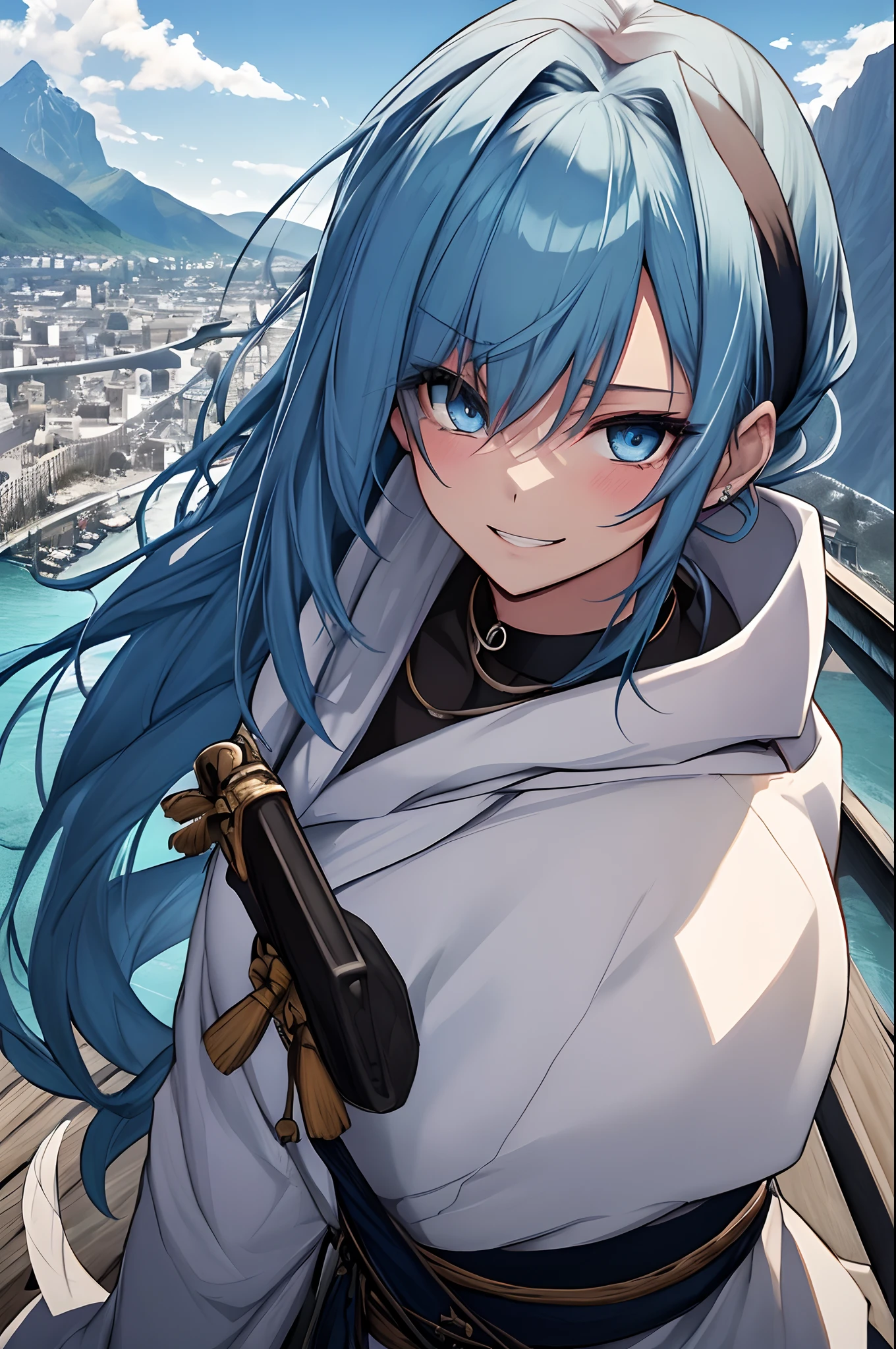 (masterpiece)、(best qualtiy)、(ultra-detailliert)、(illustratio)、(1 girl in)、Paris Collection、Hollywood actress、(interview)、(simple background)、Fine and beautiful blue eyes、Blue hair、Fashion in white and blue tones、Separate Wear、Mysterious fashion、Delicate beautiful face、roundly eyes、(a high chroma)、(brilliance)、peer in from below、Focus from above、Half-taken off hoodie、poneyTail、Weeping hair、The best lighting、Best Shadows、accessorized、shairband、Give bangs in a headband、arm band、a choker、A bracelet、a necklace、Tattoo on the arm、A distinctive smile with double teeth that grins、Idyllic mountains、You can see a log cabin on the shore of the lake、Backgrounds with depth、canine teeth、swordsmen、Swordsman equipment、red blush、despise、Angle from below、Equipped with a katana at the waist、Equipped with a katana on the back、