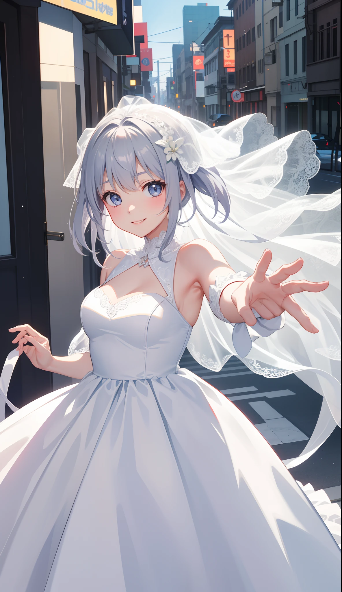 1girl in、AS-Adult、a smile、Bride、Pure White Dress、wedding dress、Upper body portrait、
