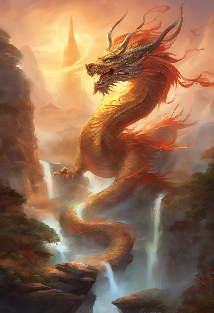 Landscape painting，White rainbow background，A huge Chinese dragon is golden in the air