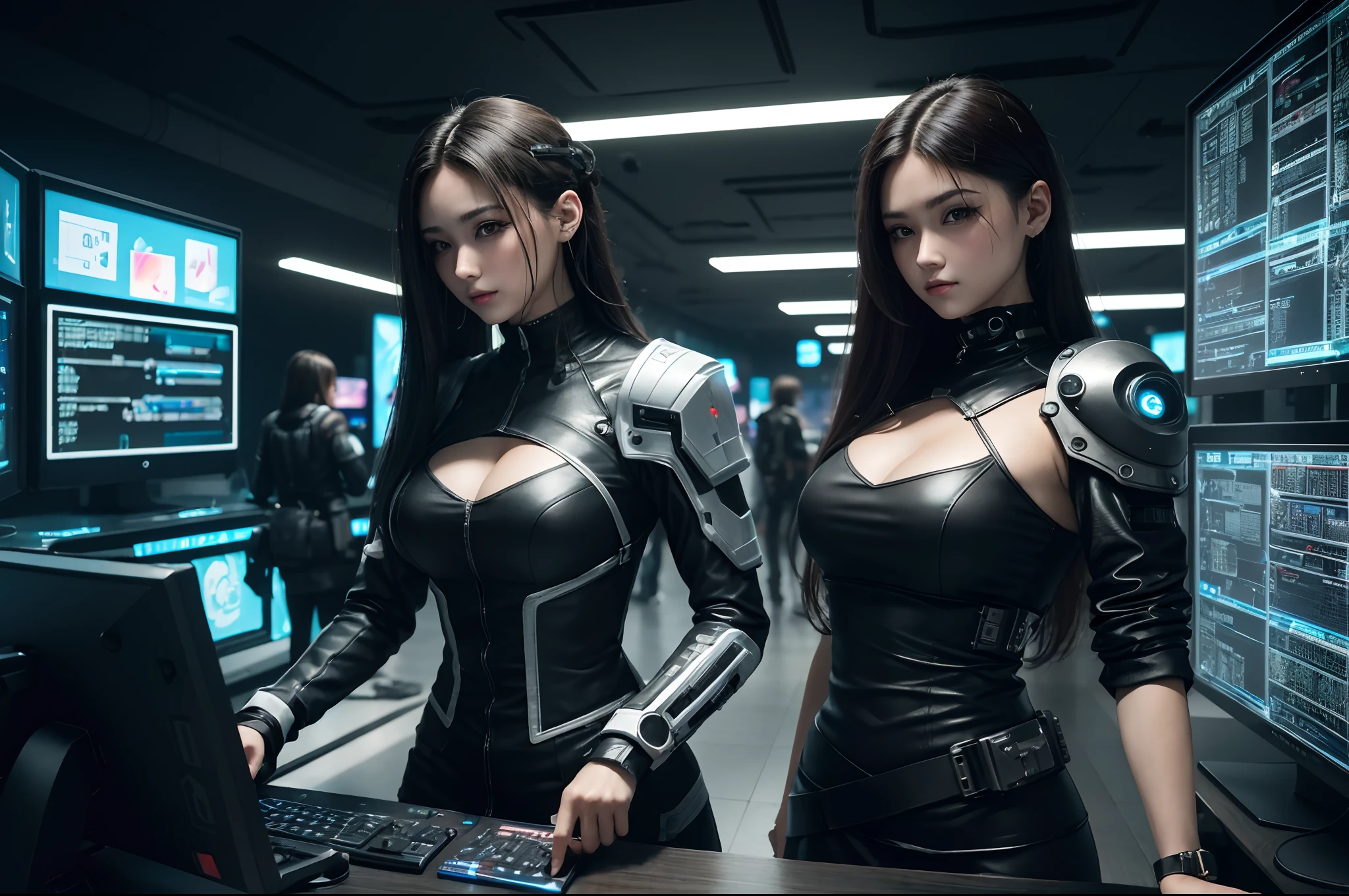 (best quality,masterpiece:1.2),highly detailed:1.3,3D,beautiful cyberpunk:1.3 hacker groups with thick voluminous hair operating a computer terminal,ladies, sexy dress for hackers