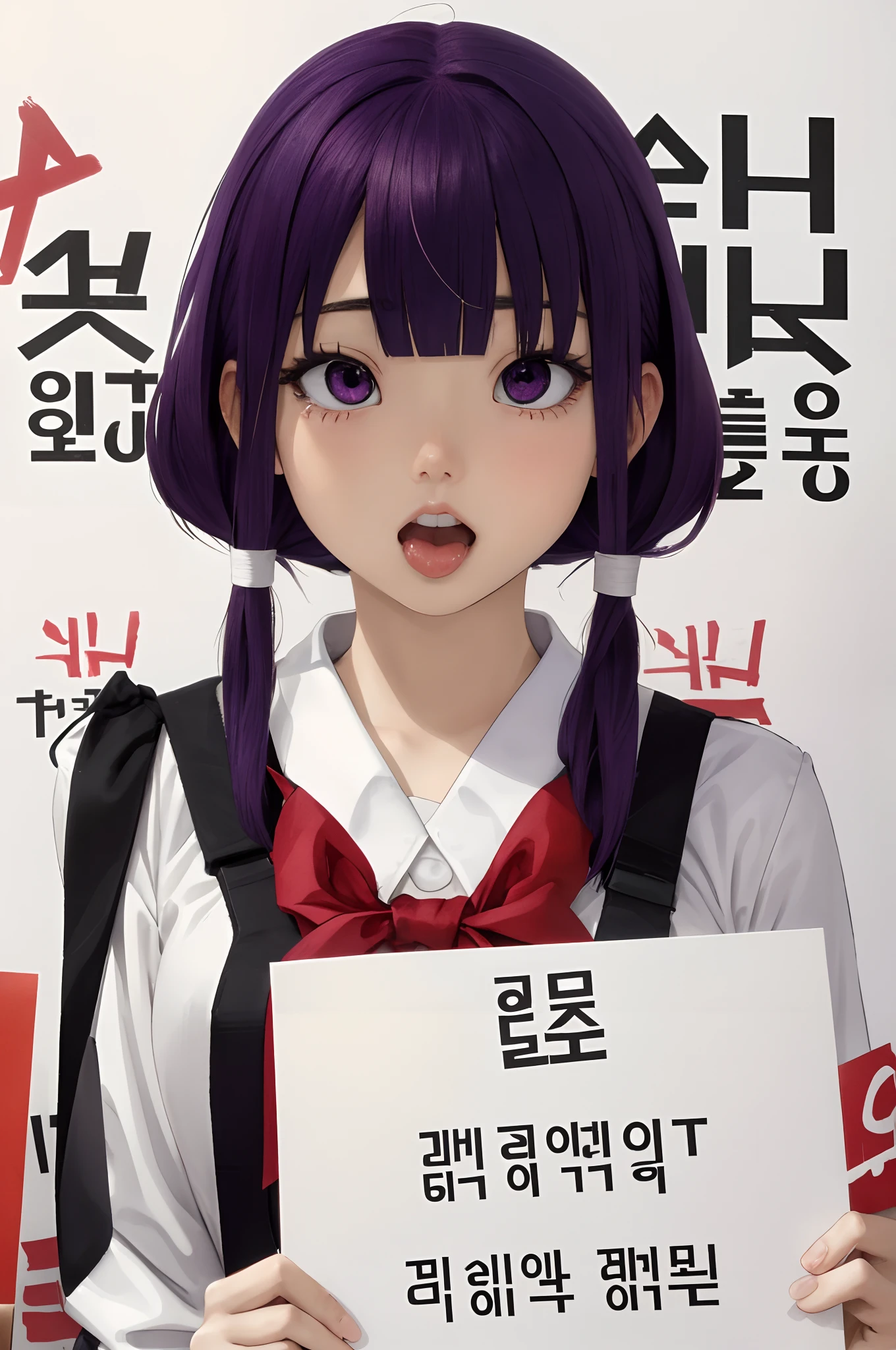 Holding a placard、Background white、Photorealsitic, hight resolution, 1 rapariga, Korea person, Heterochromia eyes, a purple eye、Blunt bangs、red hairs、1girl in, masutepiece,  Best Quality,  High quality, Twin-tailed、Ahegao