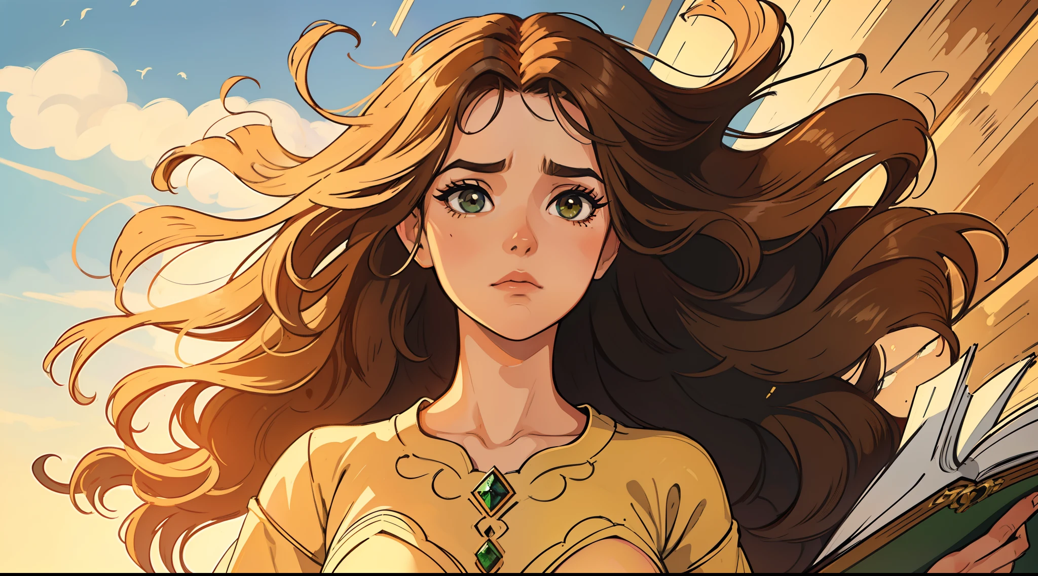 Uma bela mulher madura de olhos verdes e cabelos castanhos longo ondulado (brown hair) (Detailed strokes) Princess eyes Sexy curvy eyelashes A wooden wall background with bookcases Expressive drama with a sad look of concern An art for an RPG A medieval art for an RPG ((cabelo comprido) ((cabelo longo))