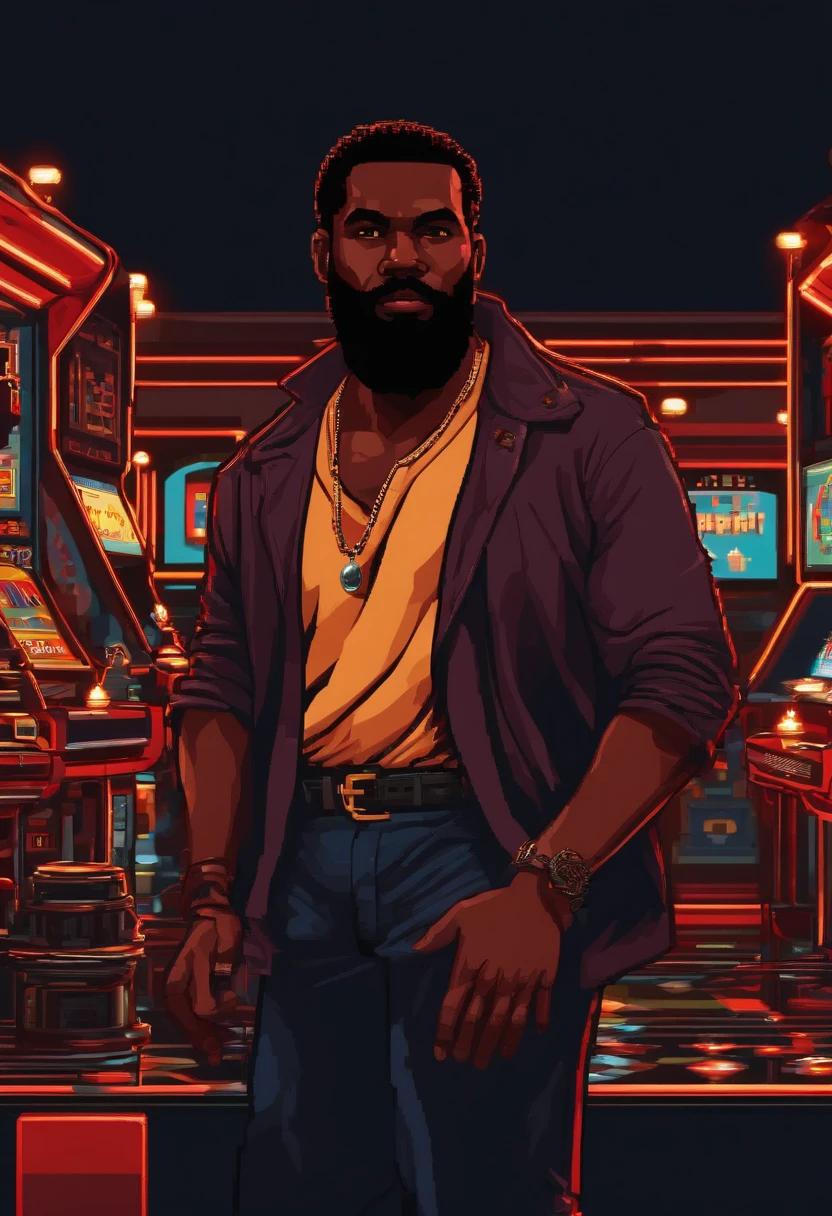 Personagem negro sem cabelo. Usa barba. camisa vermelha e preta. Pixel art 23bits. retro arcade