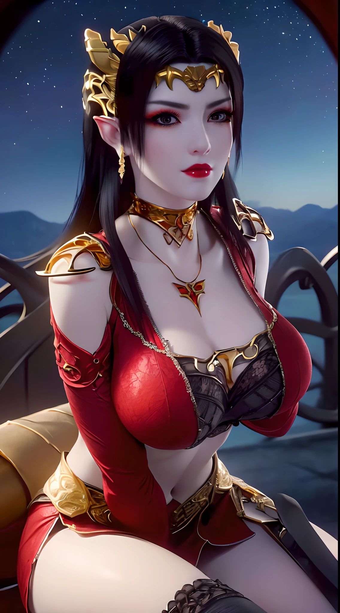 1 beautiful and sexy 20 year old girl, ((wearing a red bra with gold trim:1.8)), ((motifs and rhinestones on the bra:1.7)), ((long black hair:1.6)), jewelry elaborately made from precious stones and beautiful hair, ((wearing a 24k gold lace necklace:1.4))), ((A thin red silk scarf covers half of the face:1.5)), the noble, noble style of an extremely beautiful girl, her small face is super cute, her face is very pretty, thin eyebrows, flawless beautiful face, ((black eye pupils: 0.8)), very beautiful eyes, ((platinum blue eyes: 1.6)), (((big round eyes:1.6))), nice makeup and hair detailed eyelashes, steamy eye makeup, high nose, earrings, red lips, ((closed mouth: 1.5)) beautiful lips, slim hands, most beautiful thighs, ((arms spread out to the sides: 1.5)), rosy face, clean face, flawless beautiful face, smooth white skin, (big breasts: 1.5)), ((high breasts: 1.6)), tight breasts, beautiful cleavage, (((big breasts and super round: 1.8))), ((super tight breasts: 1.7)) , beautiful breasts, perfect body, ((sitting position bent over with chest up and arms behind: 1.6)), ((thin red mesh stockings with black lace trim:1.6)), 8k photo, super high quality, super realistic, super 10x pixels, optical, bright studio, bright edges, dual-tone lighting, (high-detail skin:1.2), super 8k, soft lighting, high quality, volumetric lighting, photorealistic, photorealistic high resolution, lighting, best photo, 4k, 8k quality, blur effect, smooth sharp, 10 x pixel, ((night sky and firefliesbackground:1.5)), aurora, lightning, super graphics realistic, most realistic graphics, 1 girl, alone, solo, Extremely sharp image, surreal, (((frontal portrait:1.6)))."