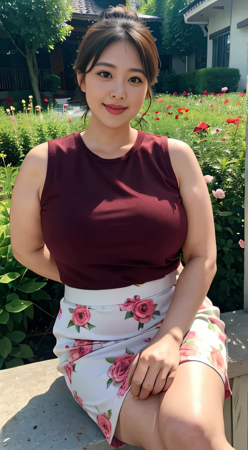 ((中景 the scene is,A half body))1 girl, Obese body, generous dimensions, 35yo,Middle-aged woman,face round, Fat face,double chin, ssmile,Overweight,Short hair tied up ,Sleeveless red floral shirt printed with flowers,Skirt,Highlight the breasts,Put her weight on her stomach,looks into camera,Country Garden background,ssmile,ssmile