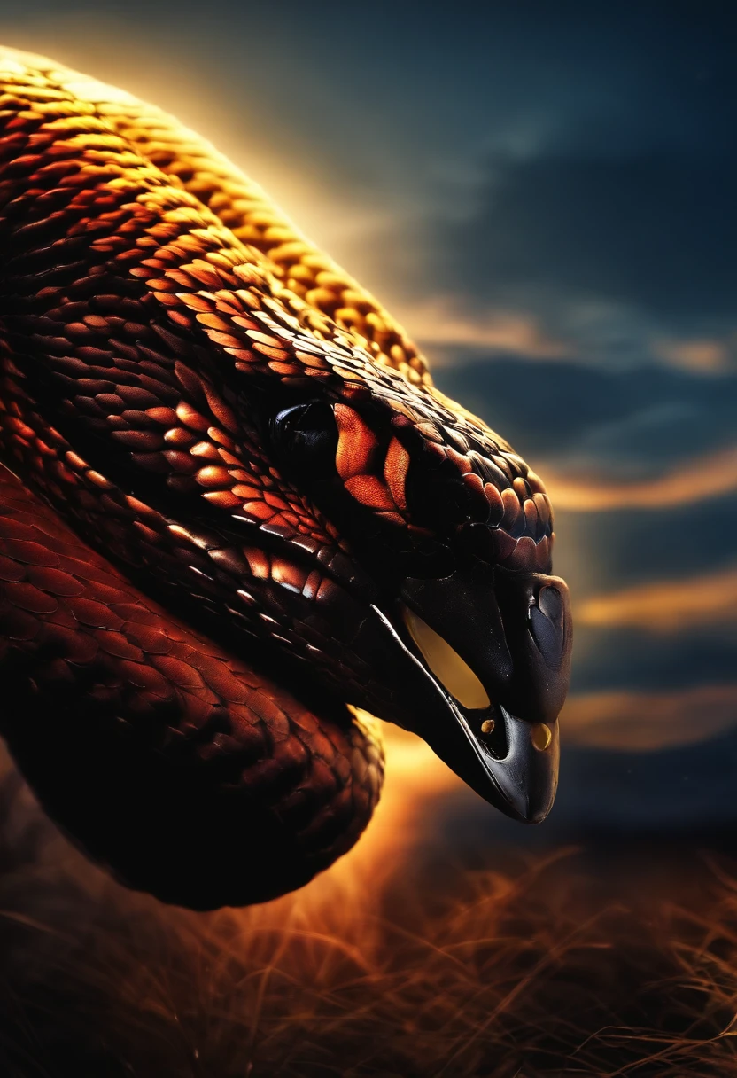 Cobra snake, black raven, sunrise Very bright colors, Light particles, with light glowing, Mshiff, wallpaper art, UHD wallpaper